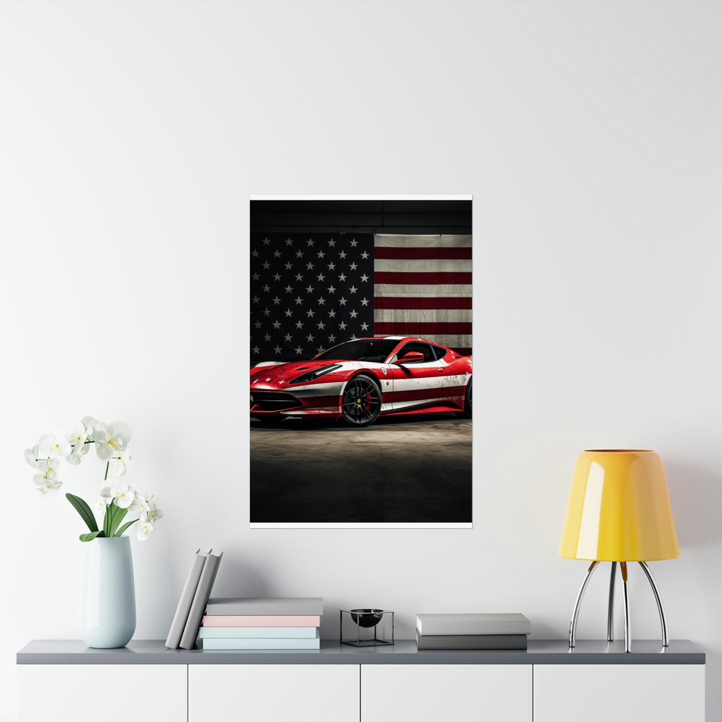 Premium Matte Vertical Posters American Flag Background Ferrari 1