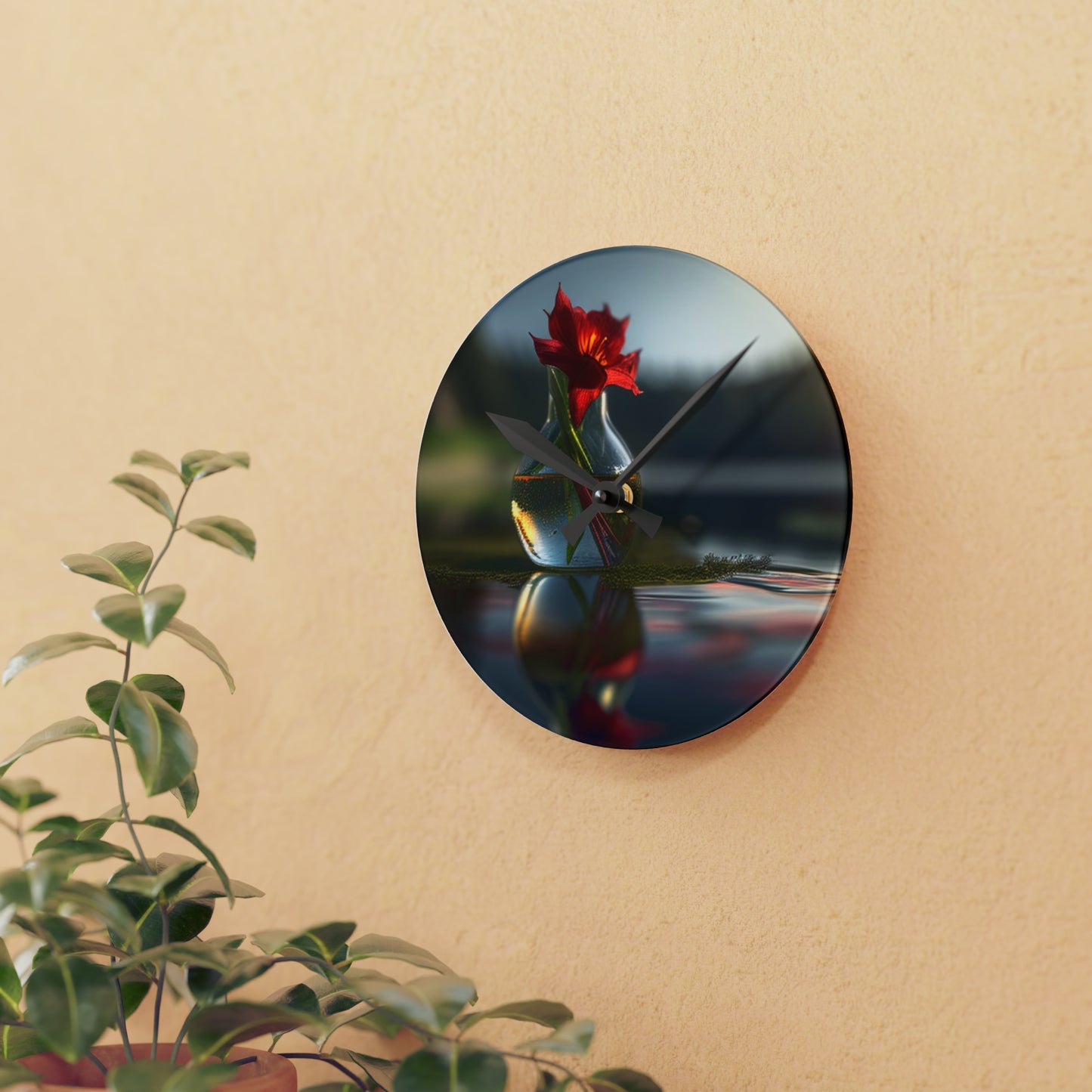 Acrylic Wall Clock Red Lily in a Glass vase 3