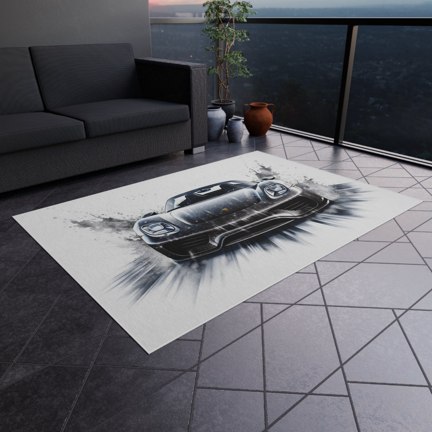 Outdoor Rug  918 Spyder white background driving fast with water splashing 3