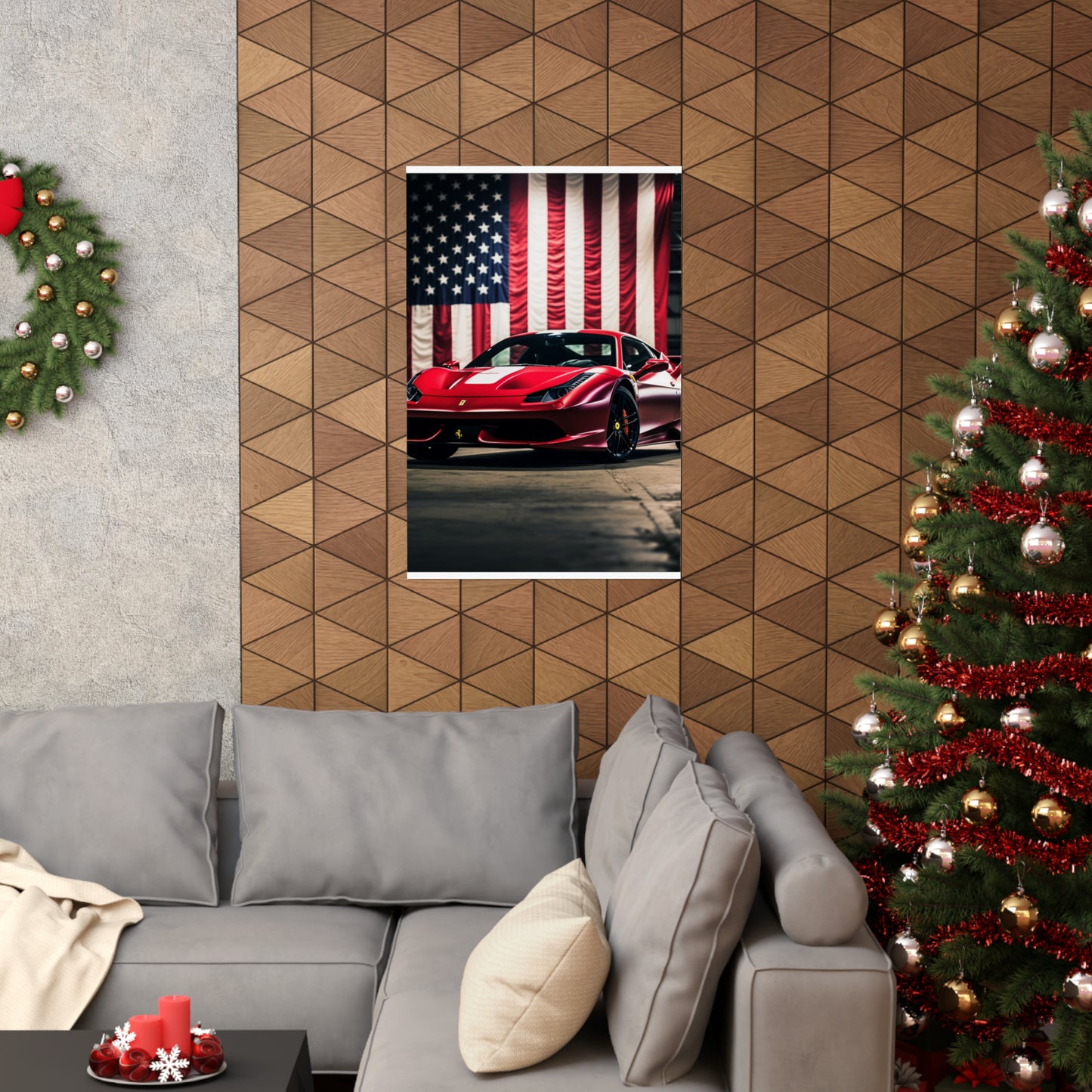 Premium Matte Vertical Posters American Flag Background Ferrari 3