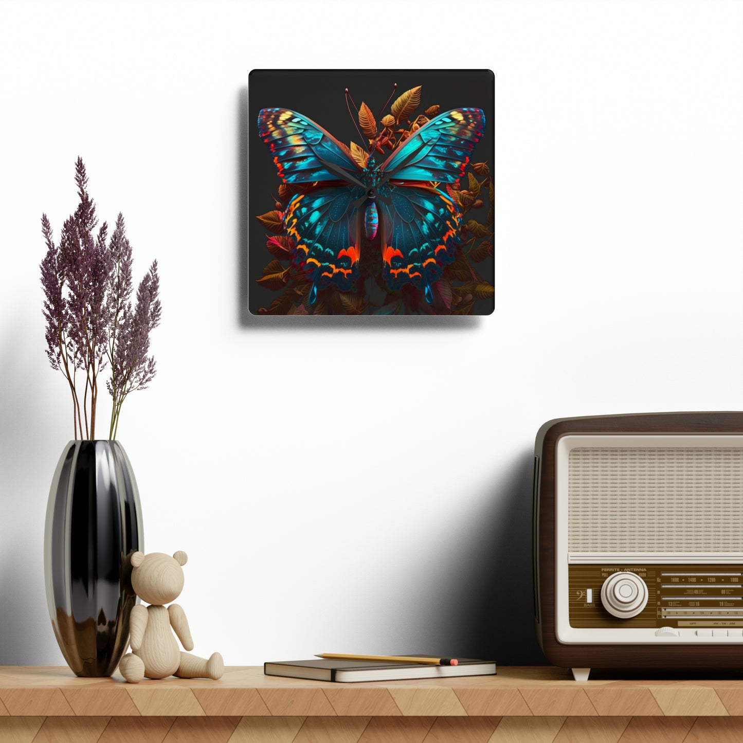 Acrylic Wall Clock Hue Neon Butterfly 1