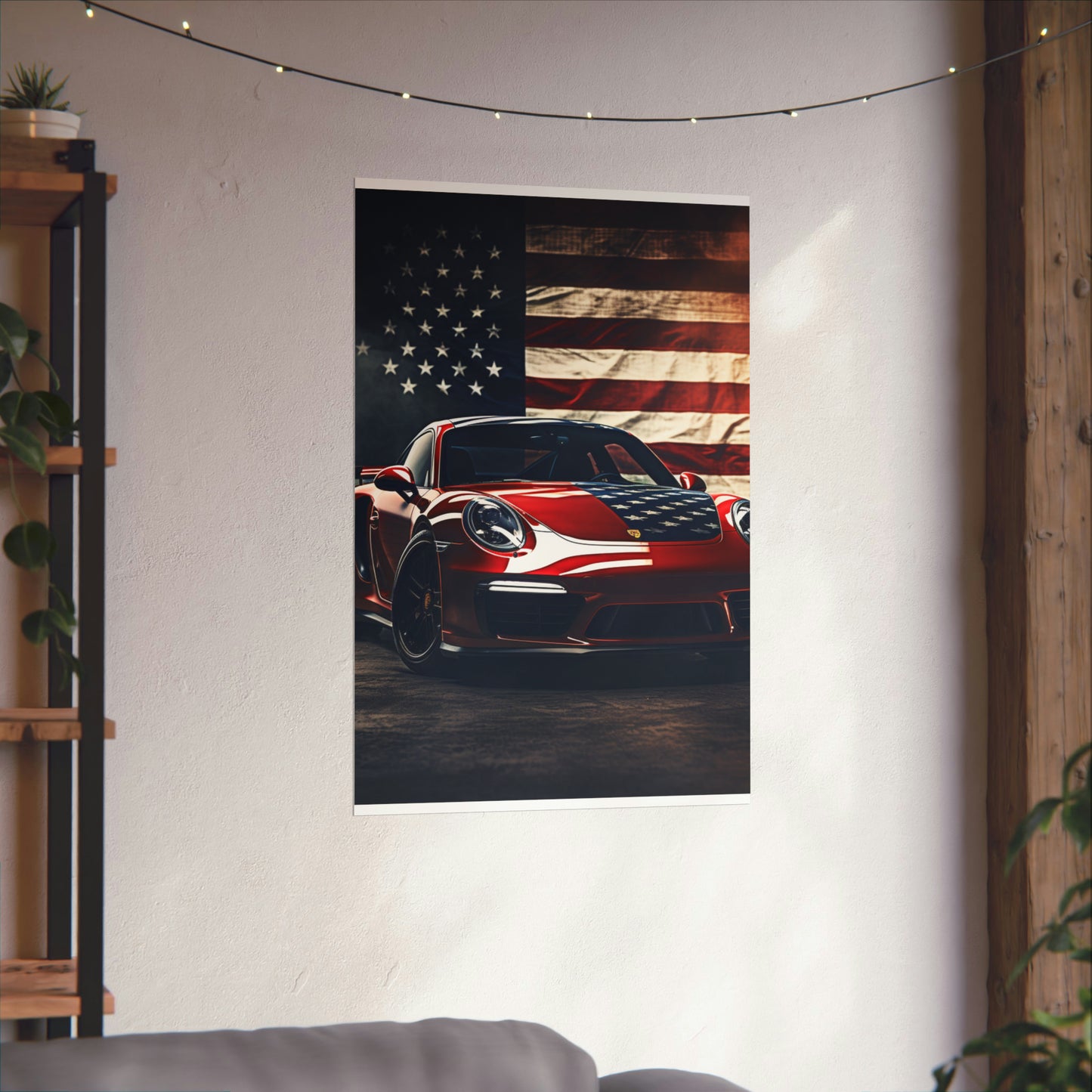 Premium Matte Vertical Posters American Flag Background Porsche 2