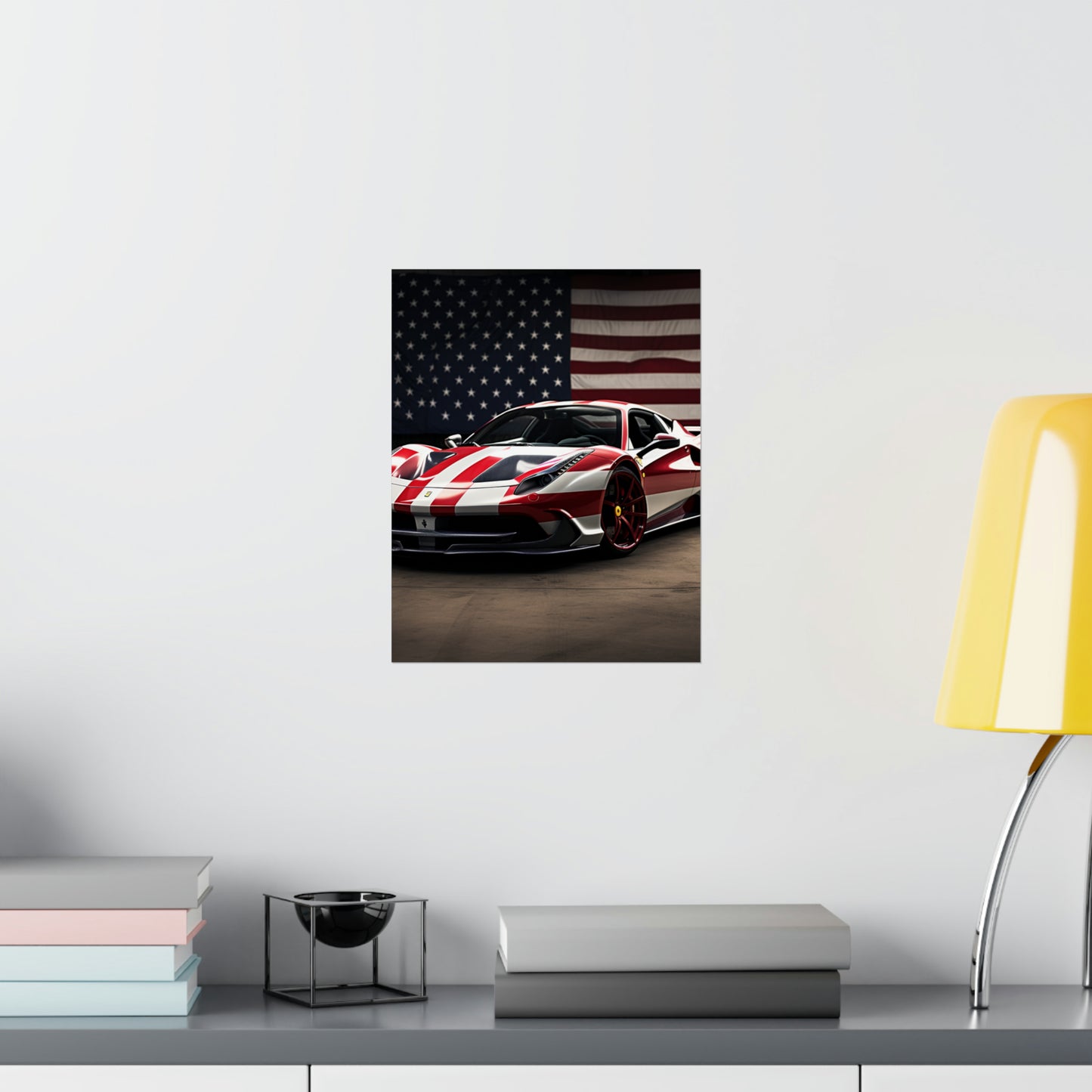 Premium Matte Vertical Posters American Flag Background Ferrari 2