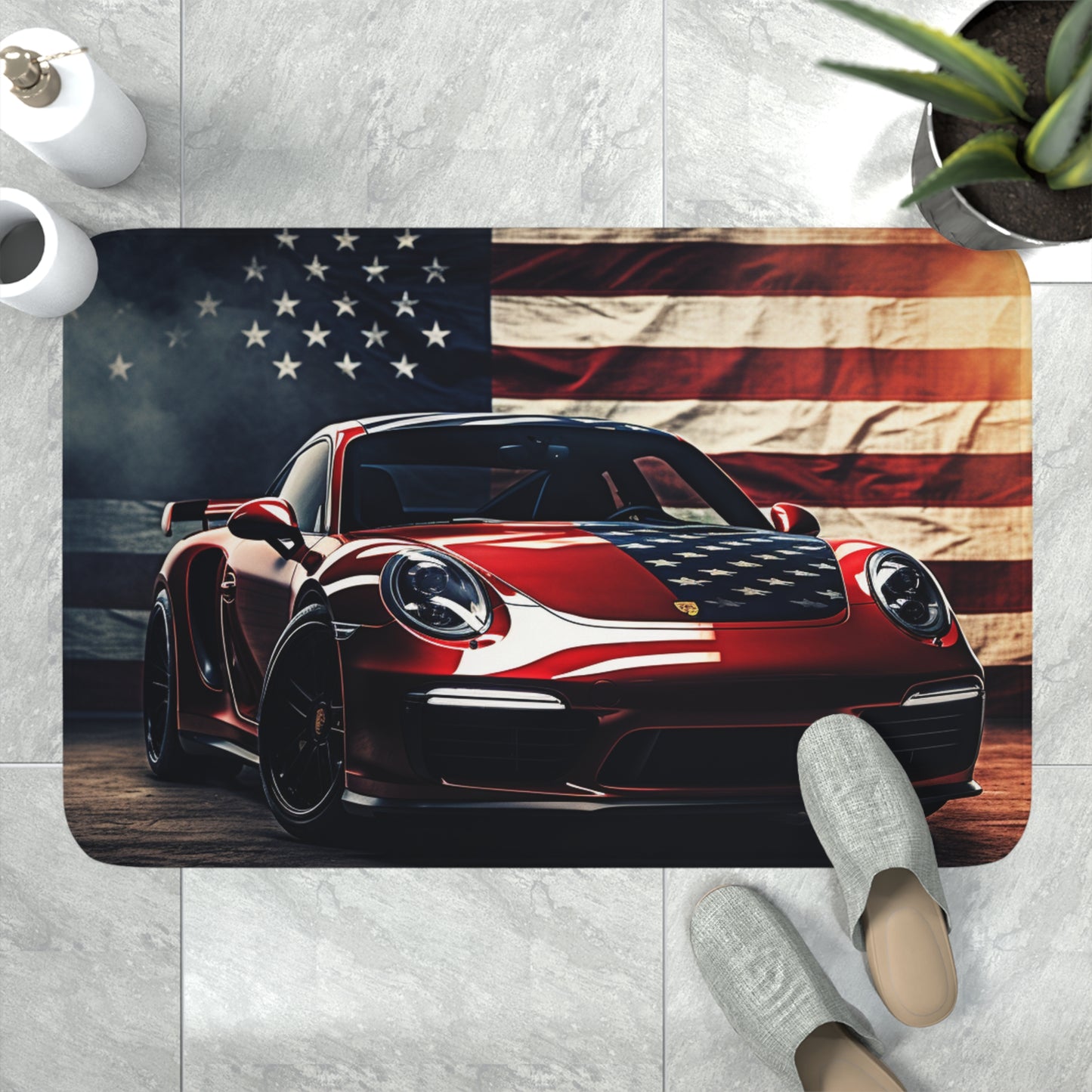 Memory Foam Bath Mat American Flag Background Porsche 2