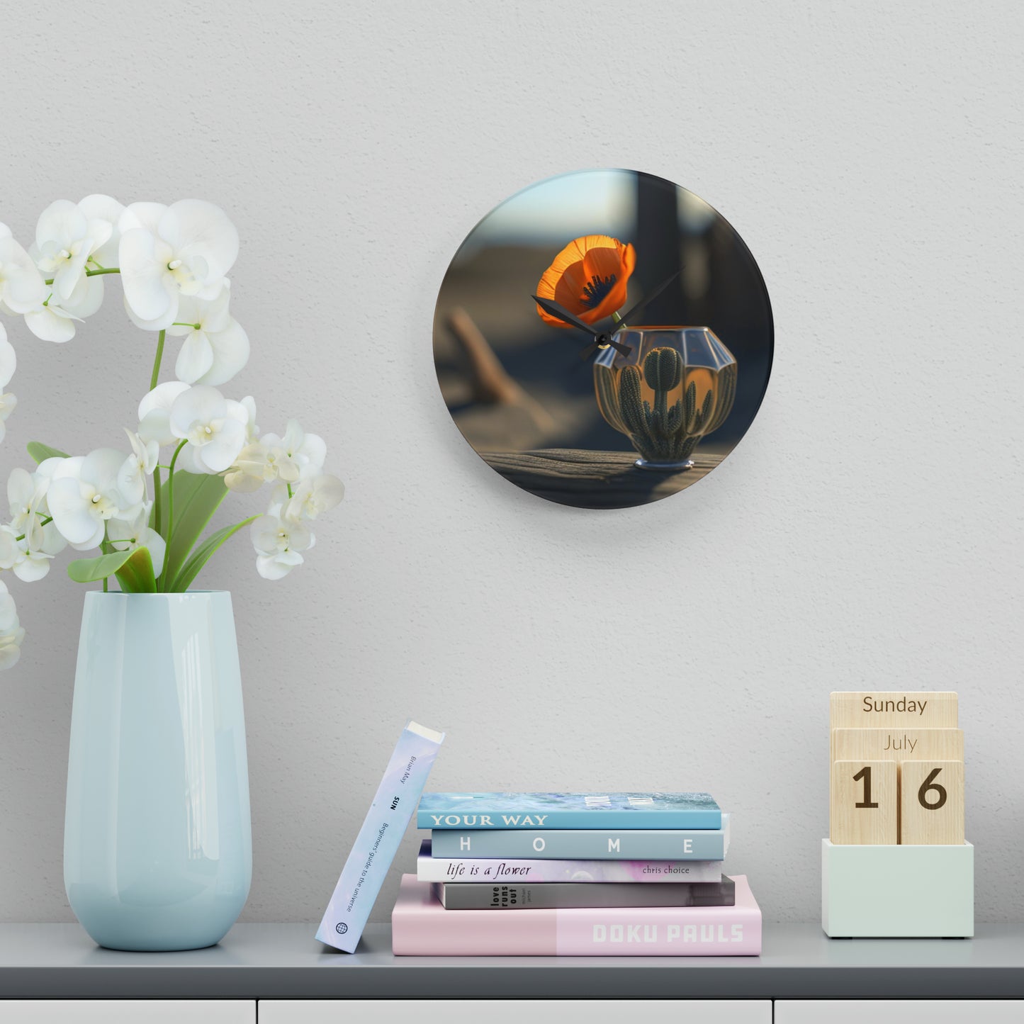 Acrylic Wall Clock Orange Poppy in a Vase 2