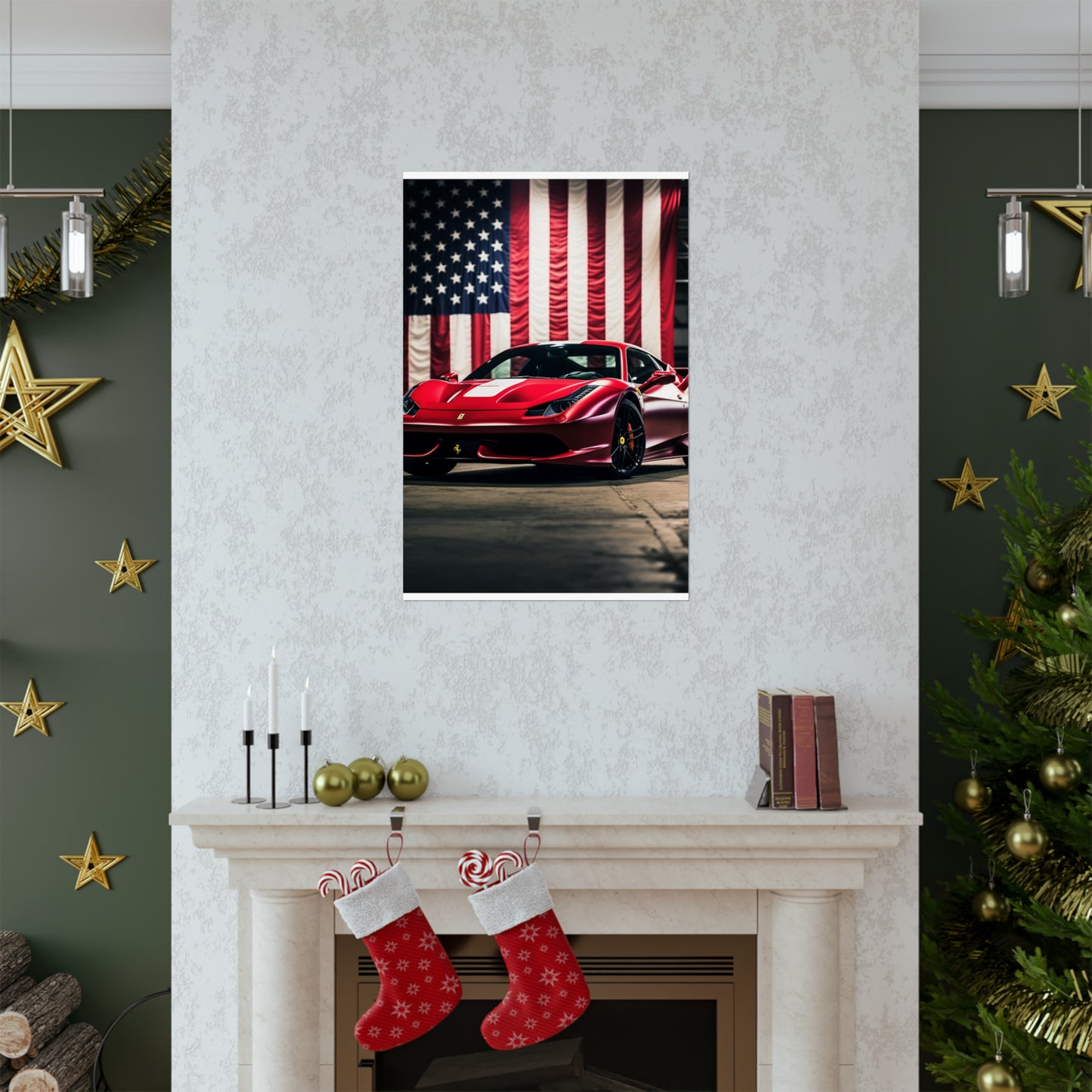 Premium Matte Vertical Posters American Flag Background Ferrari 3