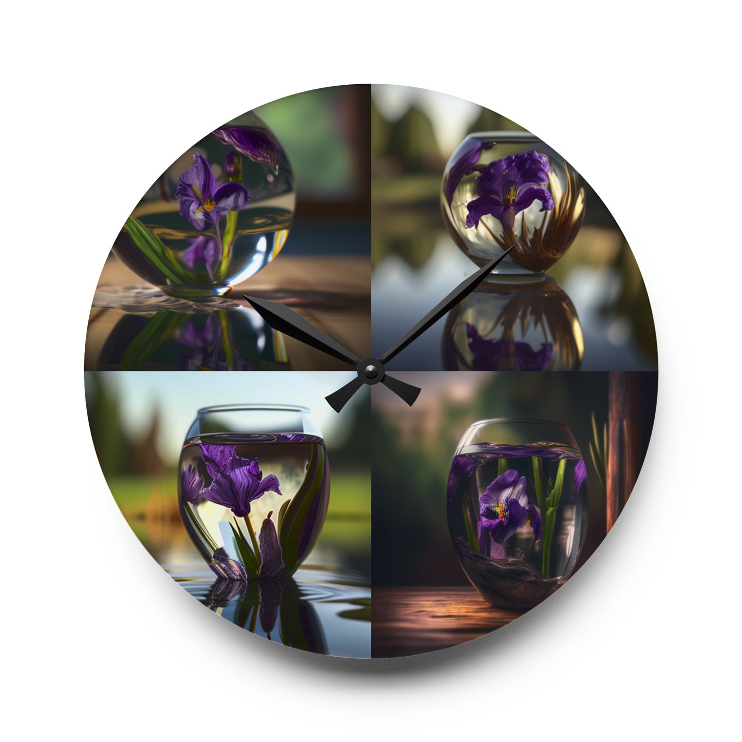 Acrylic Wall Clock Purple Iris in a vase 5