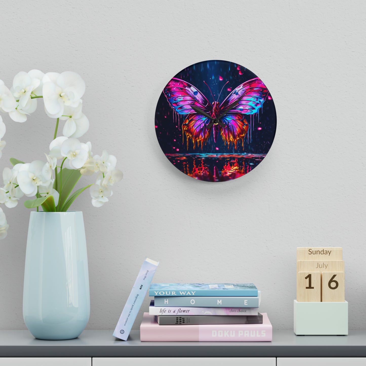 Acrylic Wall Clock Pink Butterfly Flair 2