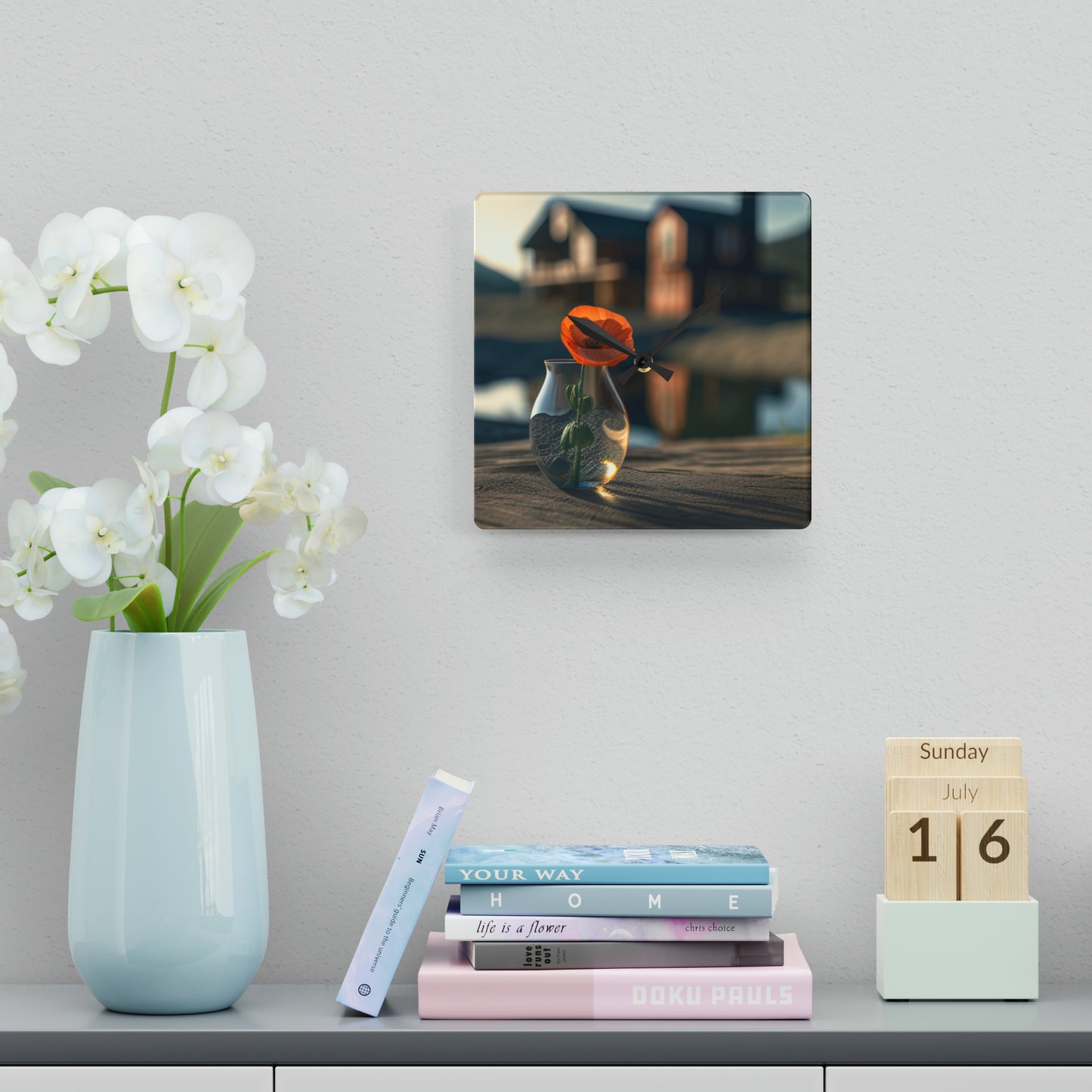 Acrylic Wall Clock Orange Poppy in a Vase 4