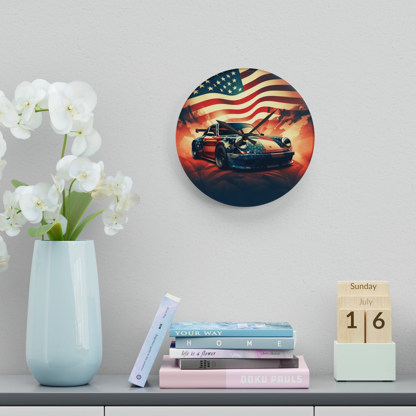 Acrylic Wall Clock Abstract American Flag Background Porsche 4