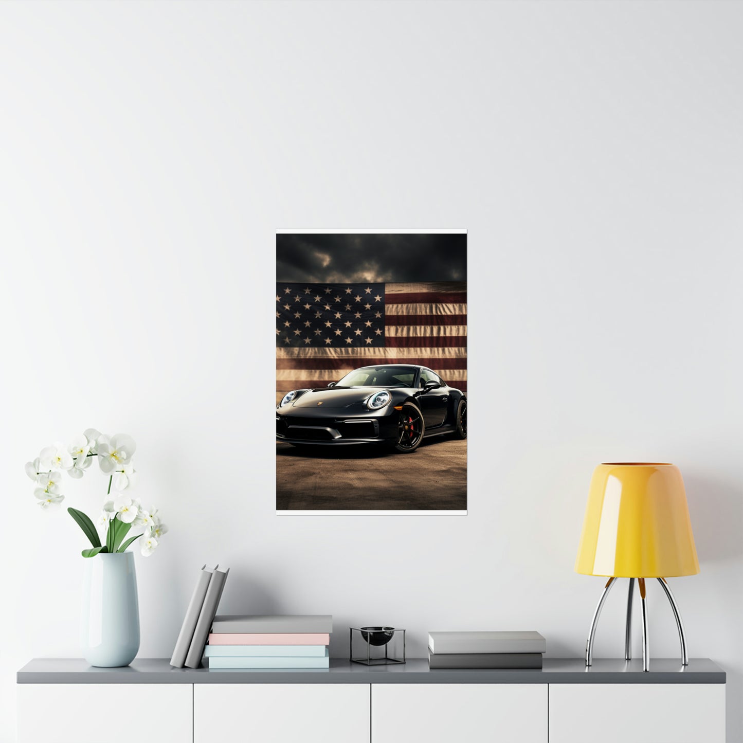 Premium Matte Vertical Posters American Flag Background Porsche 4