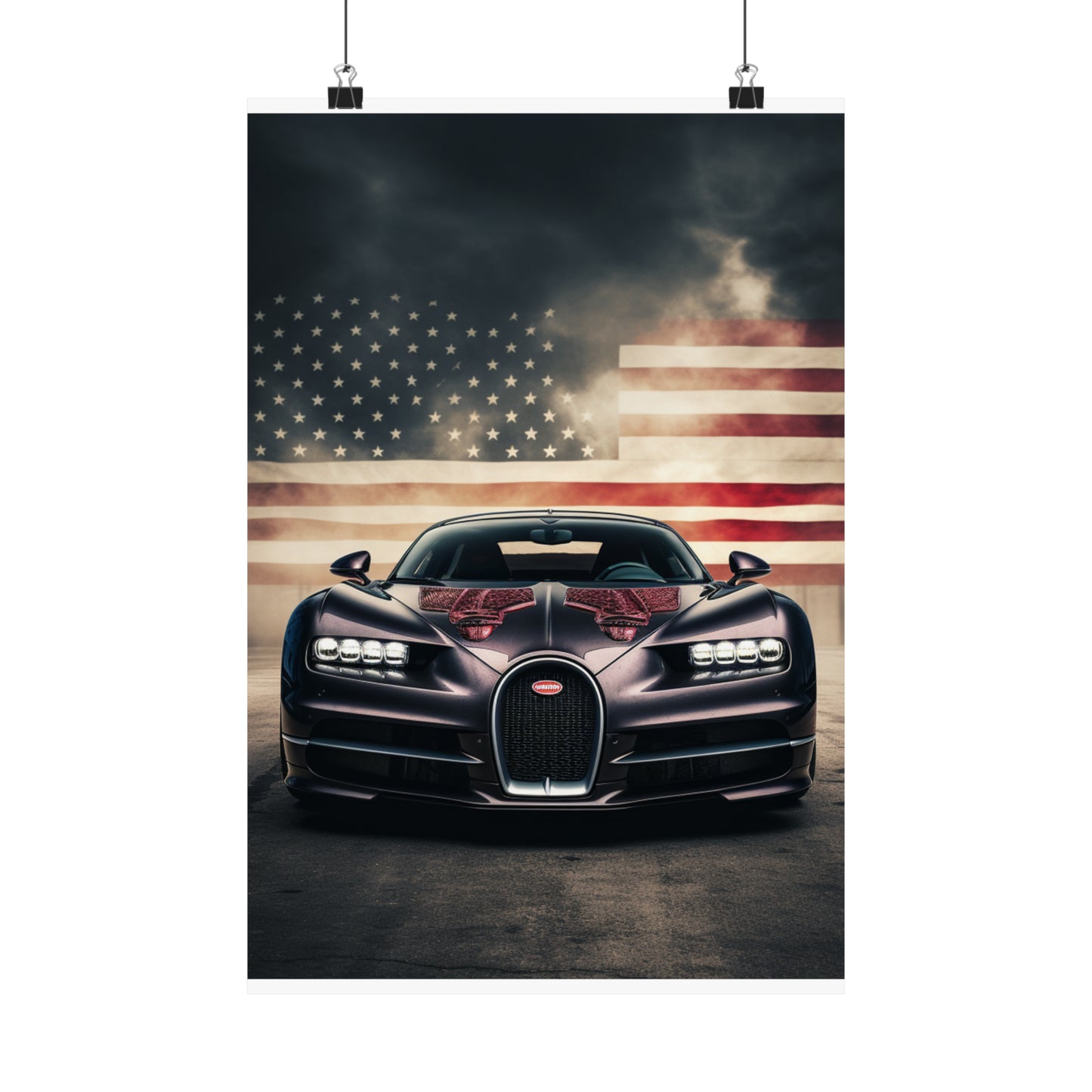 Premium Matte Vertical Posters American Flag Background Bugatti 2