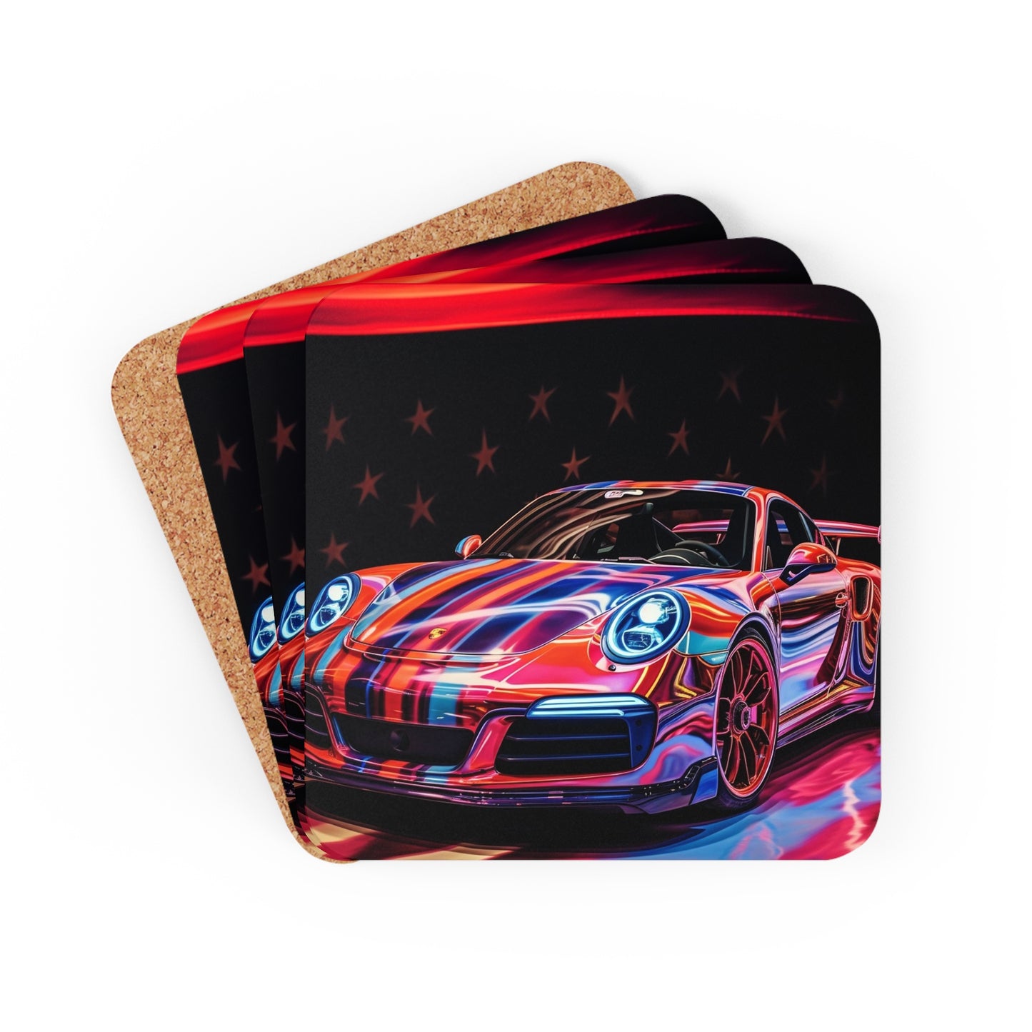 Corkwood Coaster Set American Flag Colored Porsche 2