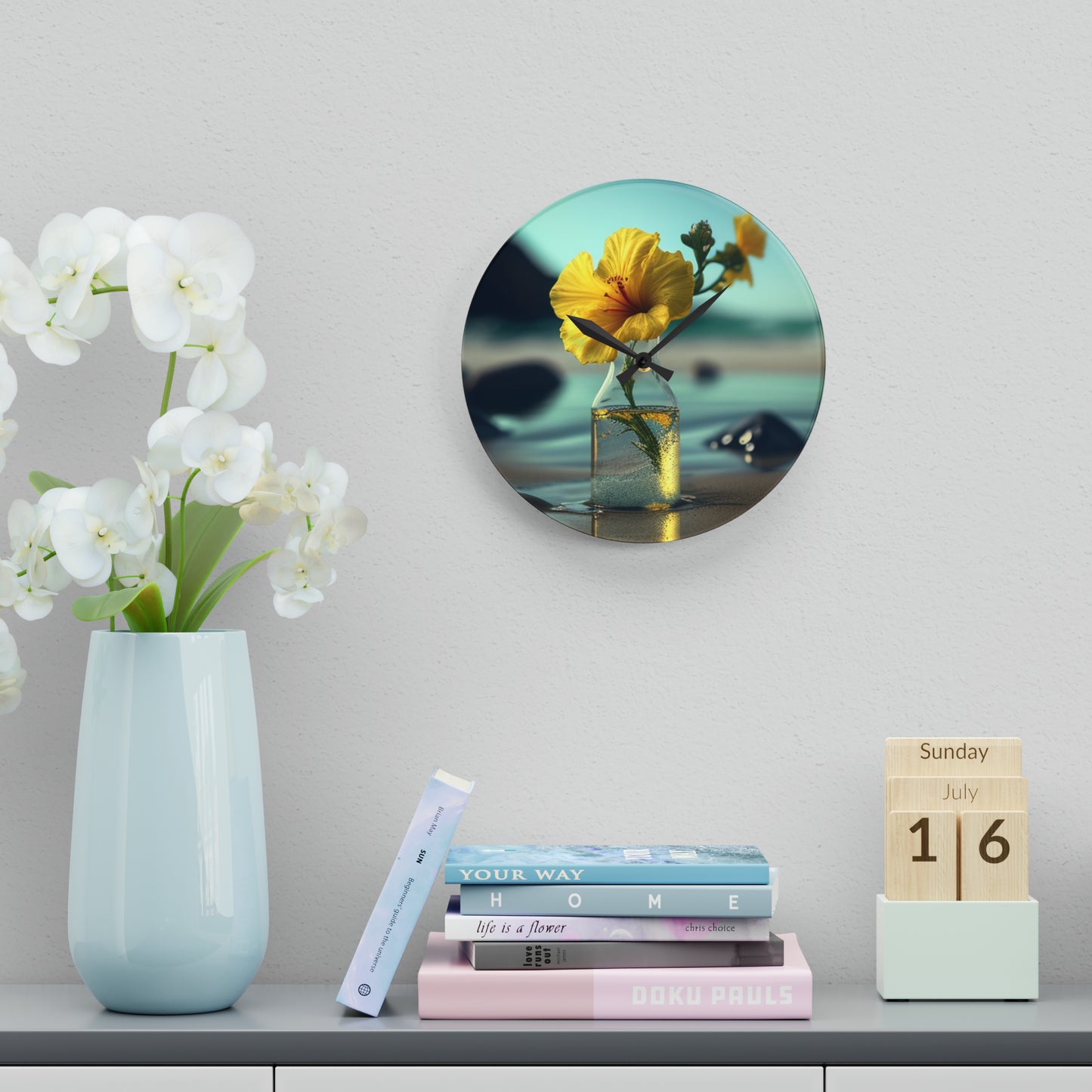 Acrylic Wall Clock Yellow Hibiscus glass 3