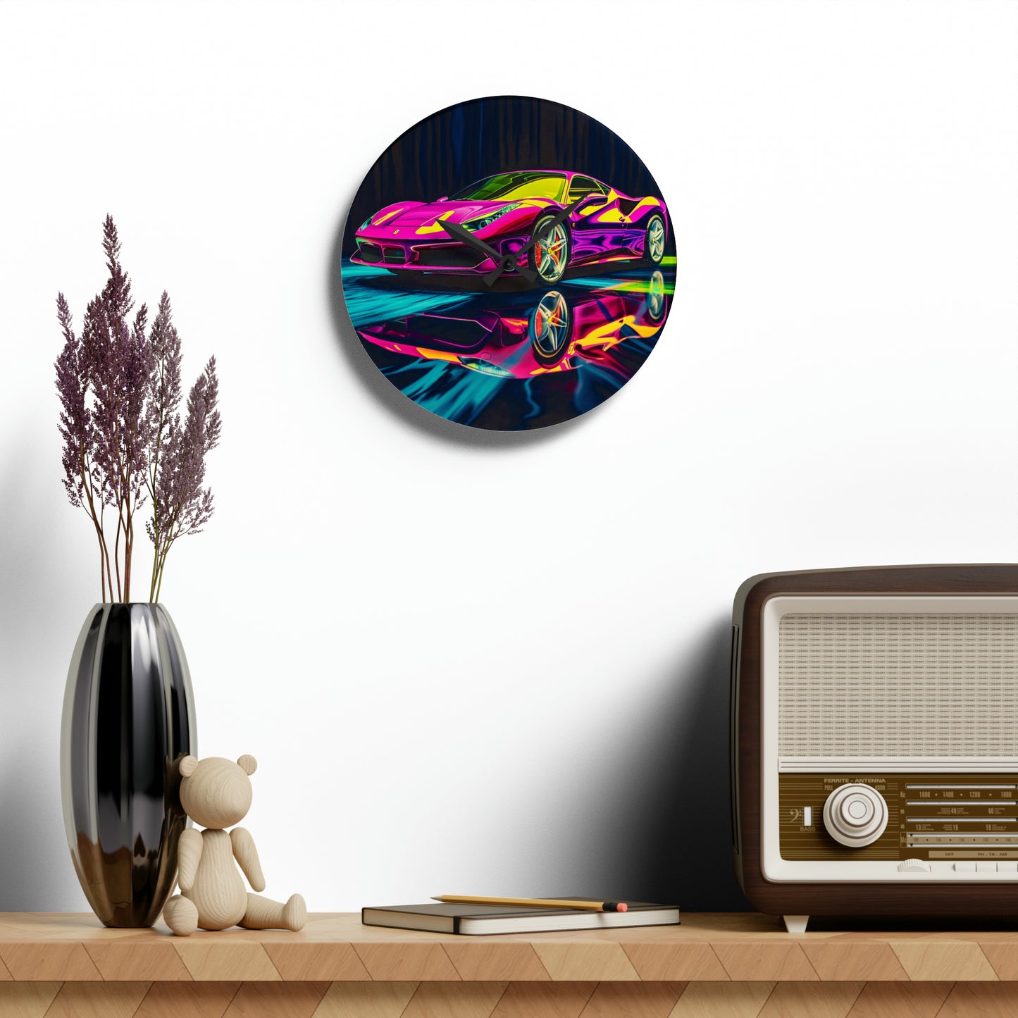 Acrylic Wall Clock Pink Ferrari Macro 3