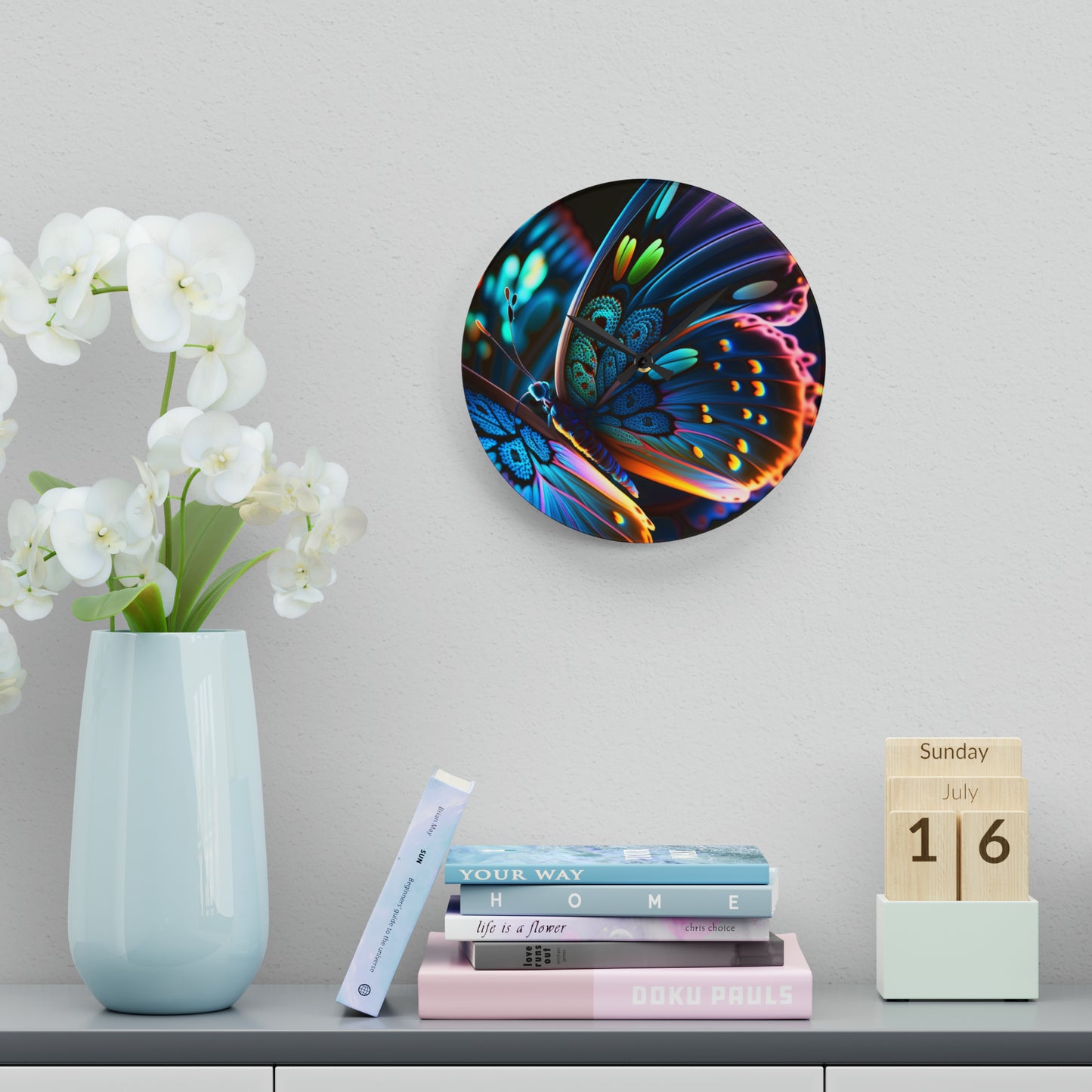 Acrylic Wall Clock Neon Butterfly Macro 2