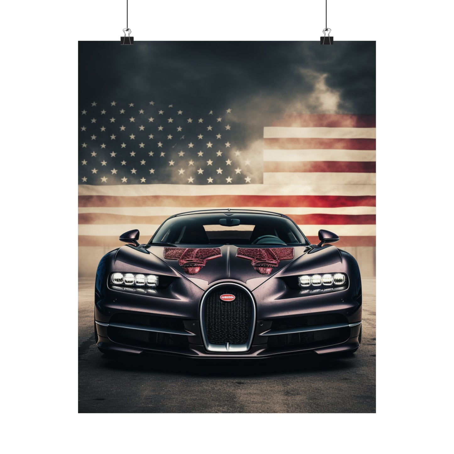 Premium Matte Vertical Posters American Flag Background Bugatti 2