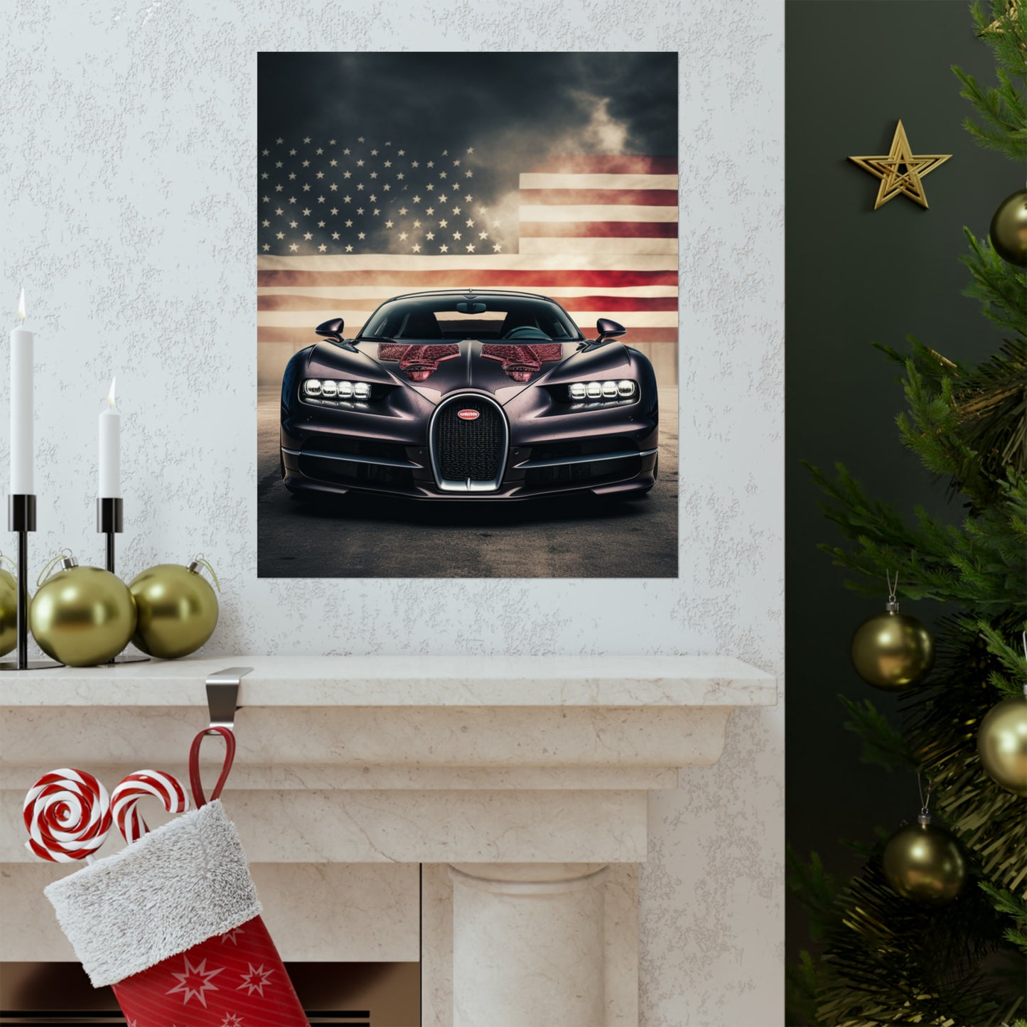 Premium Matte Vertical Posters American Flag Background Bugatti 2