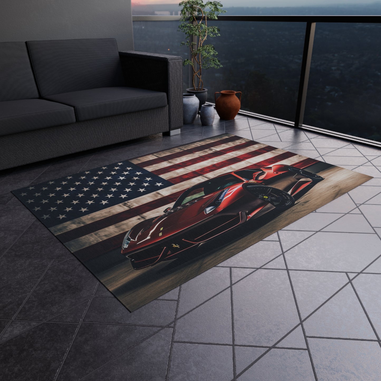 Outdoor Rug  American Flag Background Ferrari 4