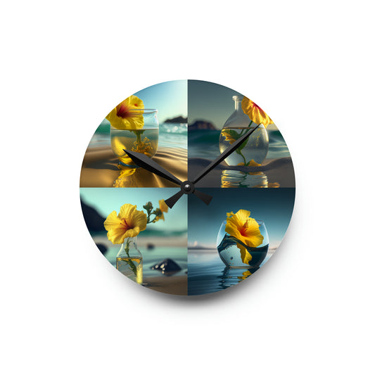 Acrylic Wall Clock Yellow Hibiscus glass 5