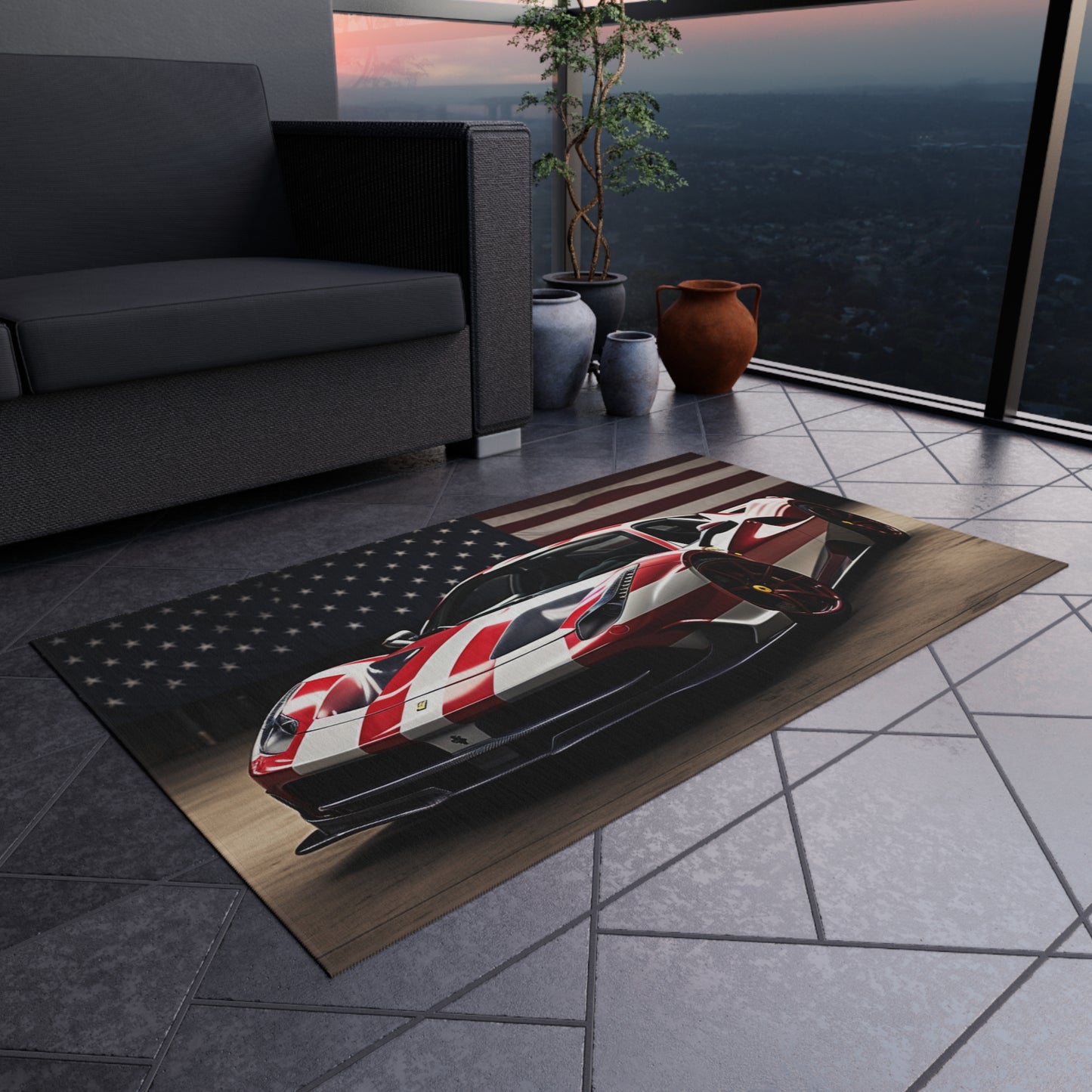 Outdoor Rug  American Flag Background Ferrari 2