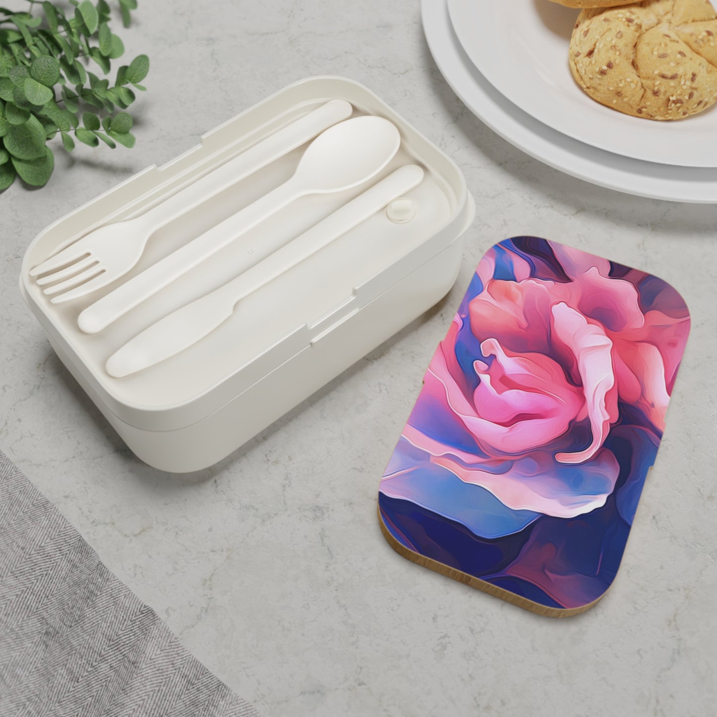 Bento Lunch Box Pink & Blue Tulip Rose 1