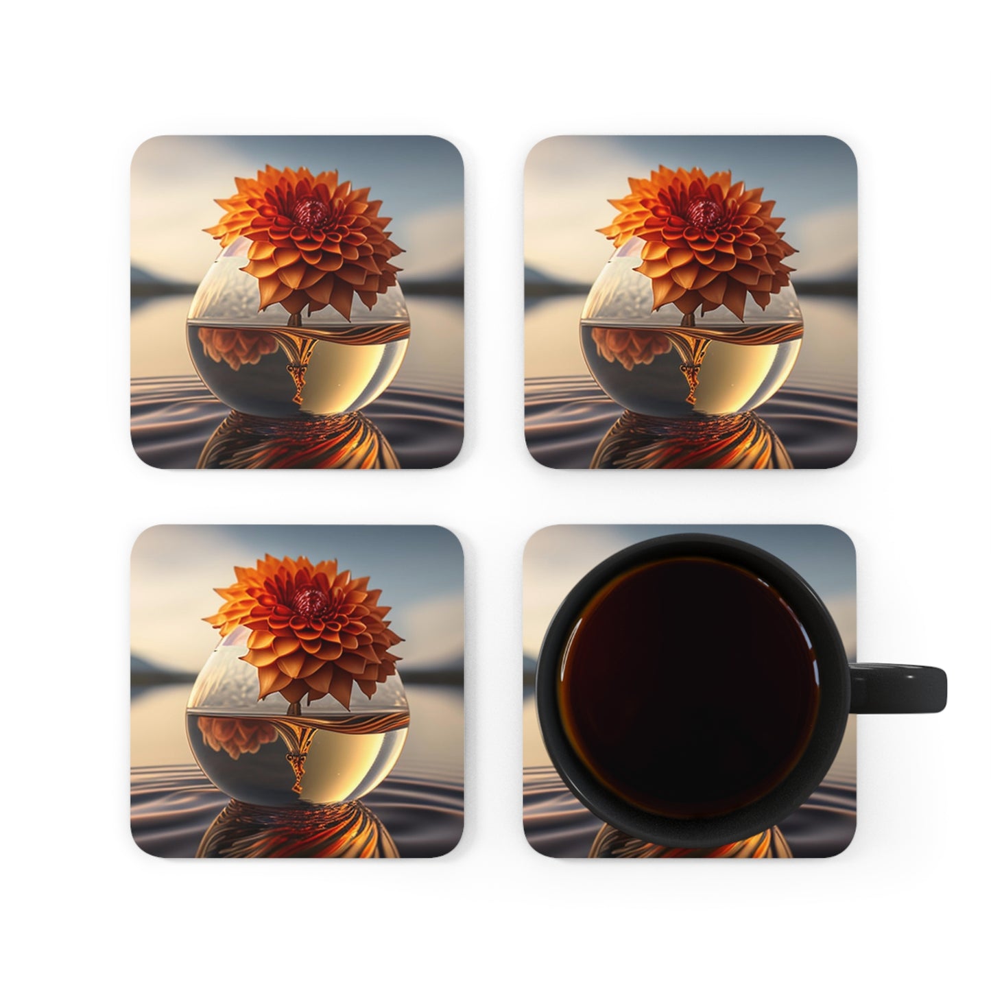Corkwood Coaster Set Dahlia Orange 1