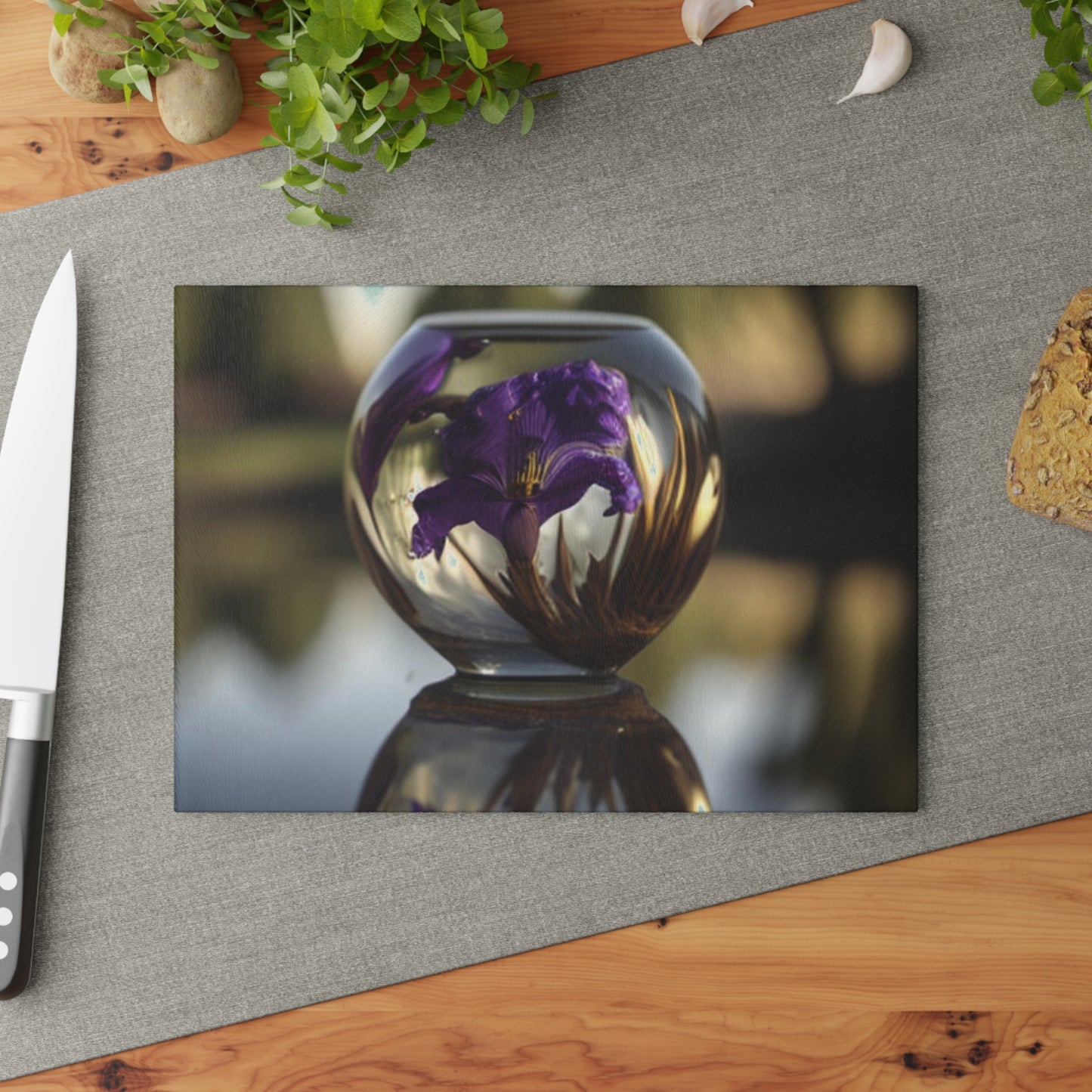 Glass Cutting Board Purple Iris in a vase 2