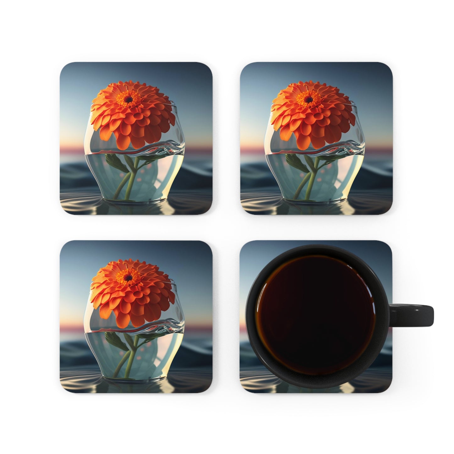 Corkwood Coaster Set Orange Zinnia 4