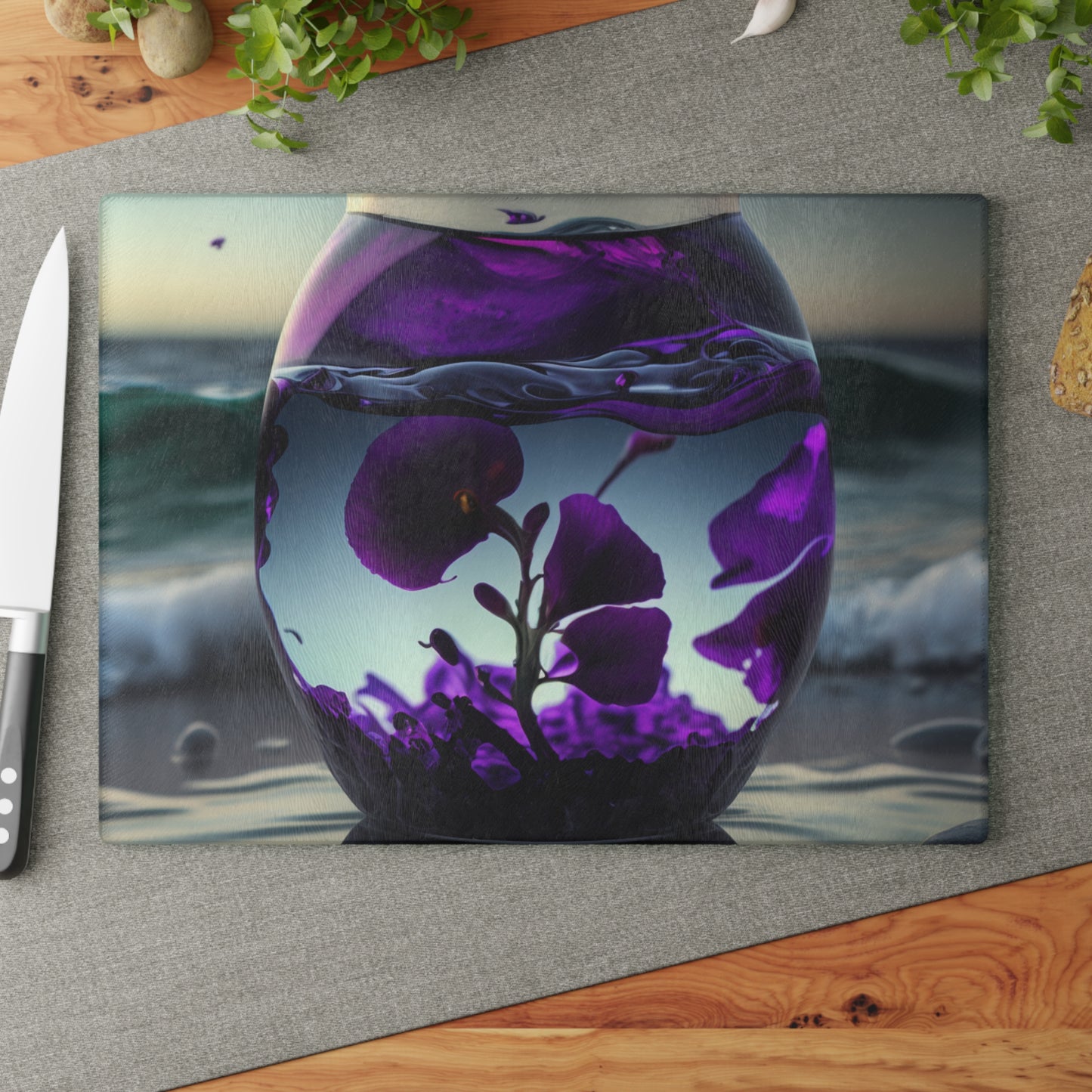 Glass Cutting Board Purple Sweet pea in a vase 4