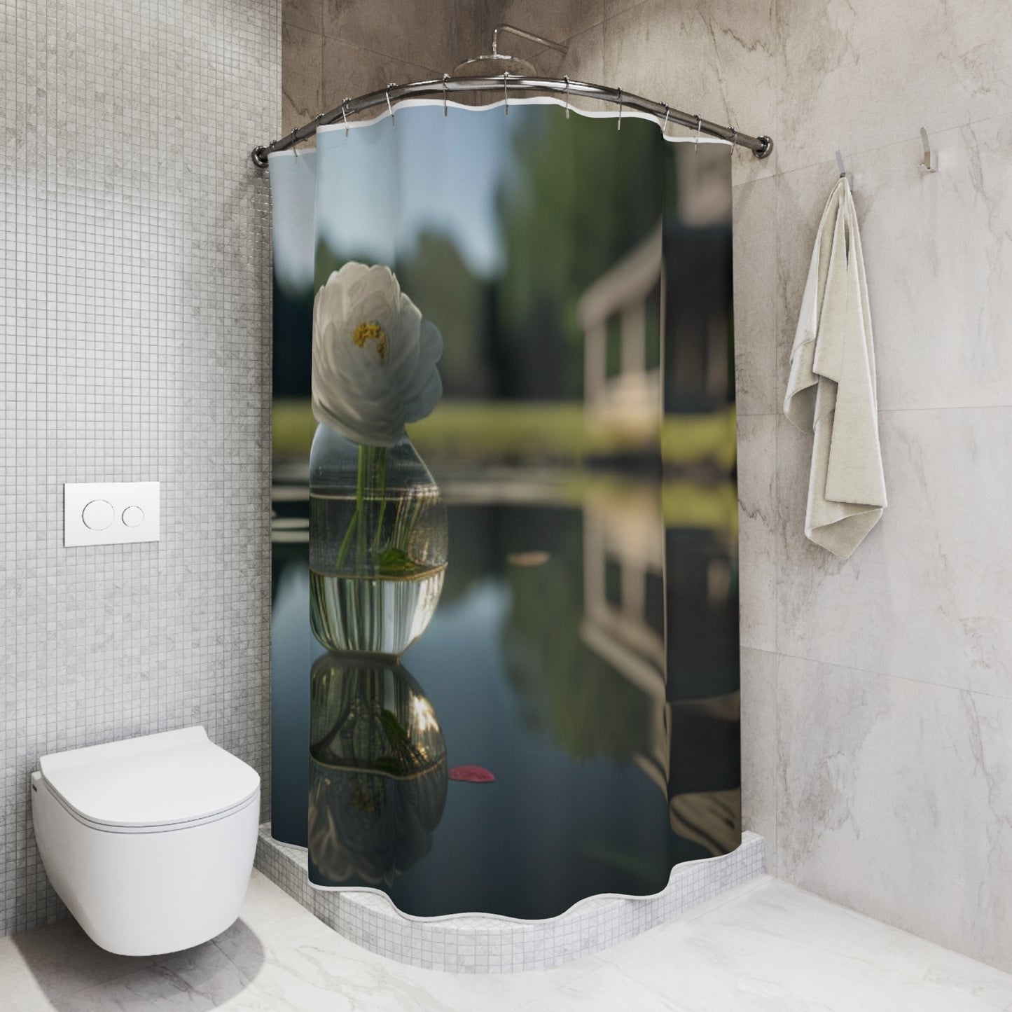 Polyester Shower Curtain White Peony glass vase 1