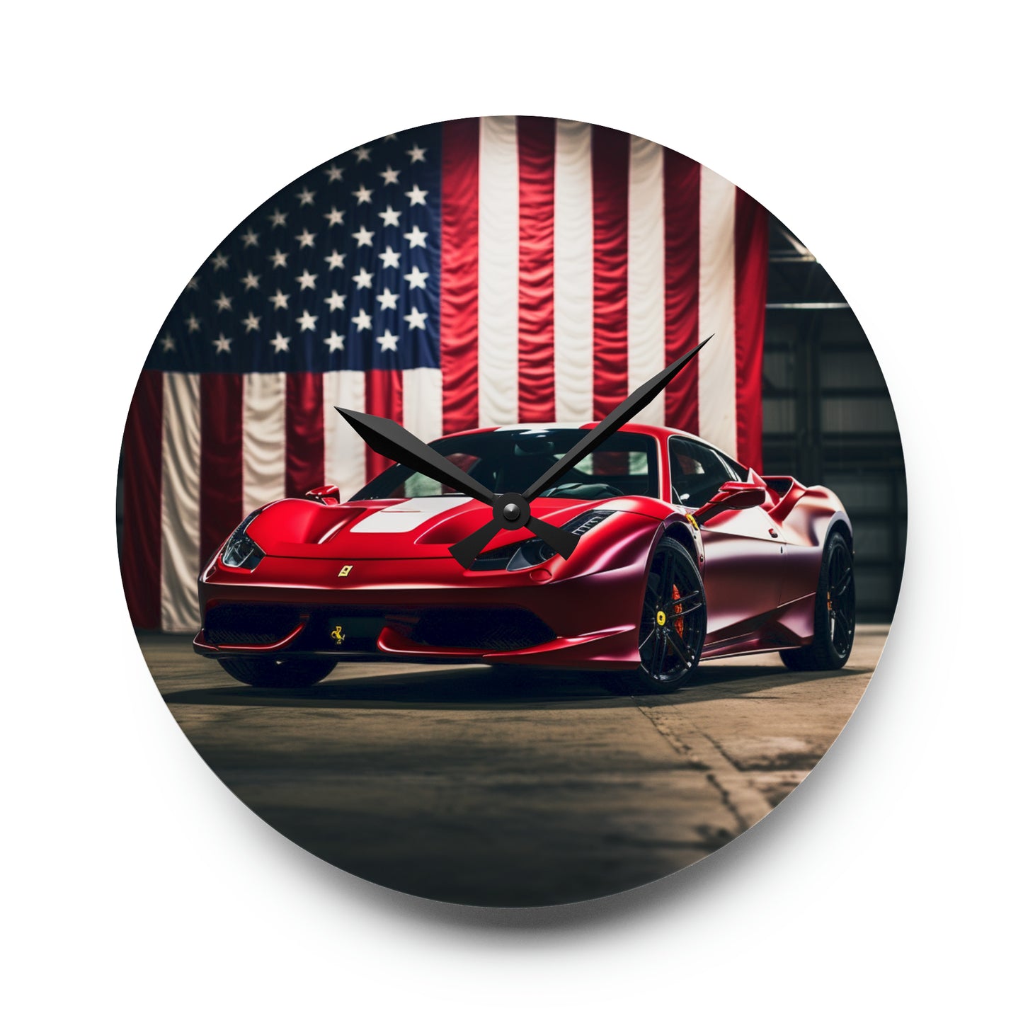 Acrylic Wall Clock American Flag Background Ferrari 3