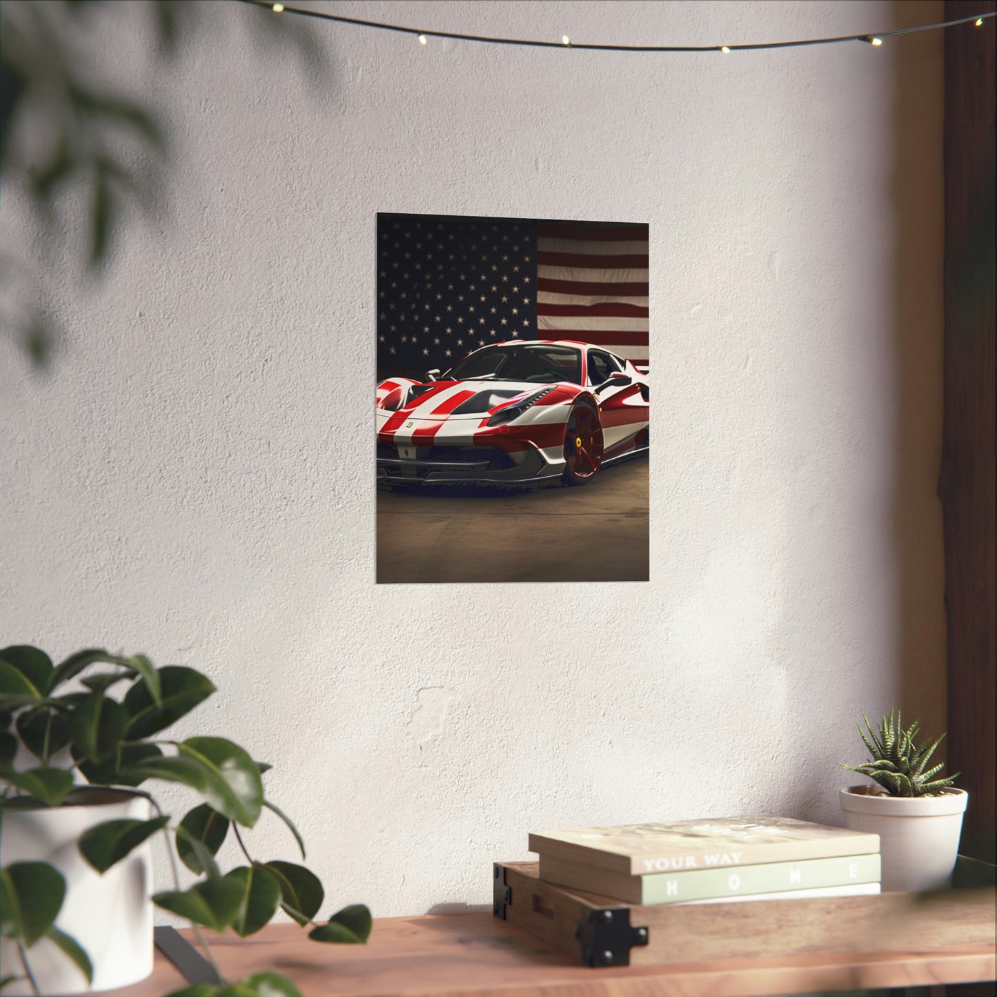 Premium Matte Vertical Posters American Flag Background Ferrari 2