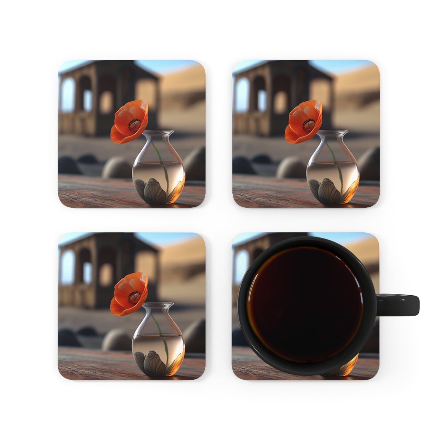 Corkwood Coaster Set Poppy in a Glass Vase 1