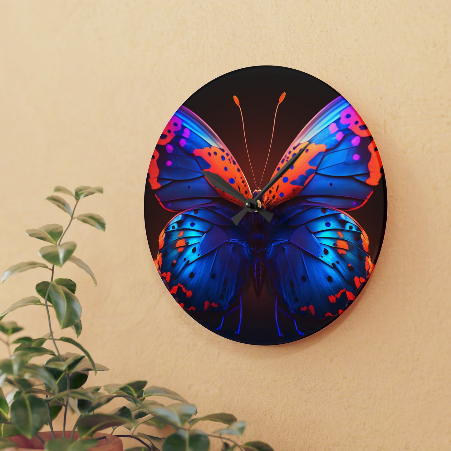 Acrylic Wall Clock Neon Butterfly Macro 3