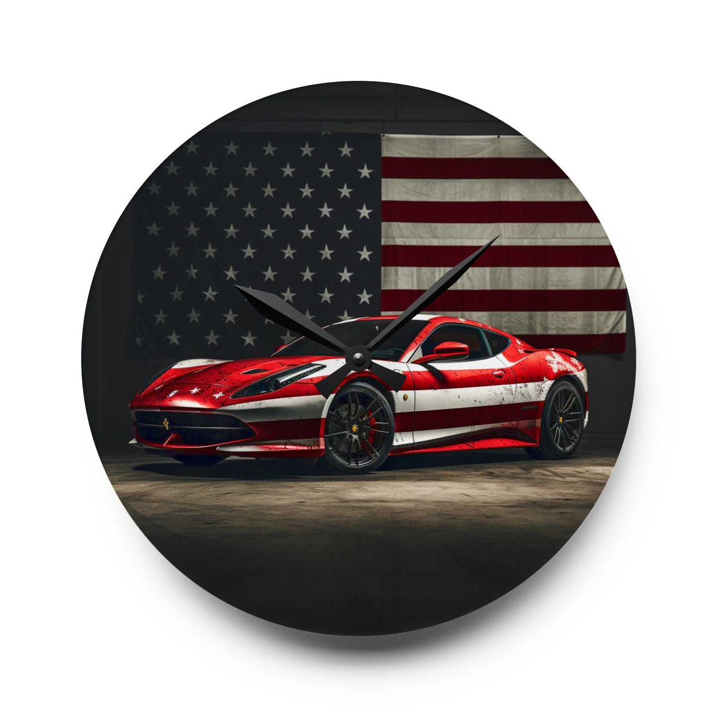 Acrylic Wall Clock American Flag Background Ferrari 1