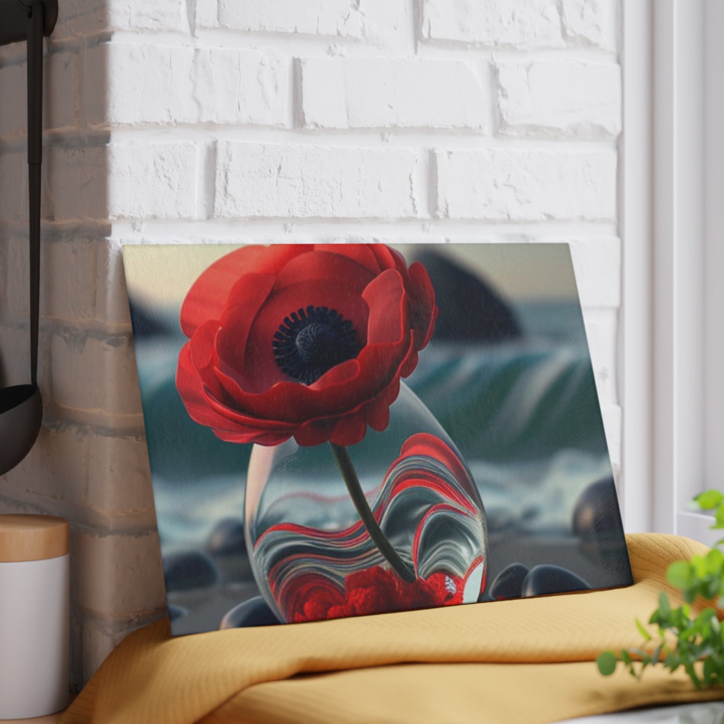 Glass Cutting Board Red Anemone in a Vase 1