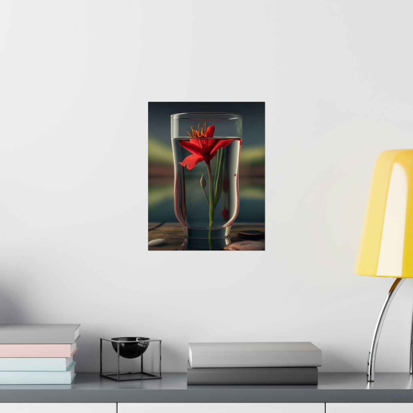 Premium Matte Vertical Posters Red Lily in a Glass vase 1