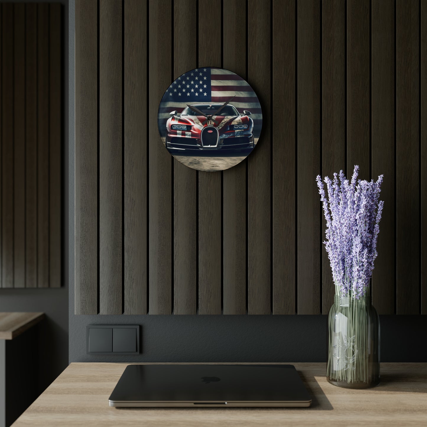 Acrylic Wall Clock American Flag Background Bugatti 3