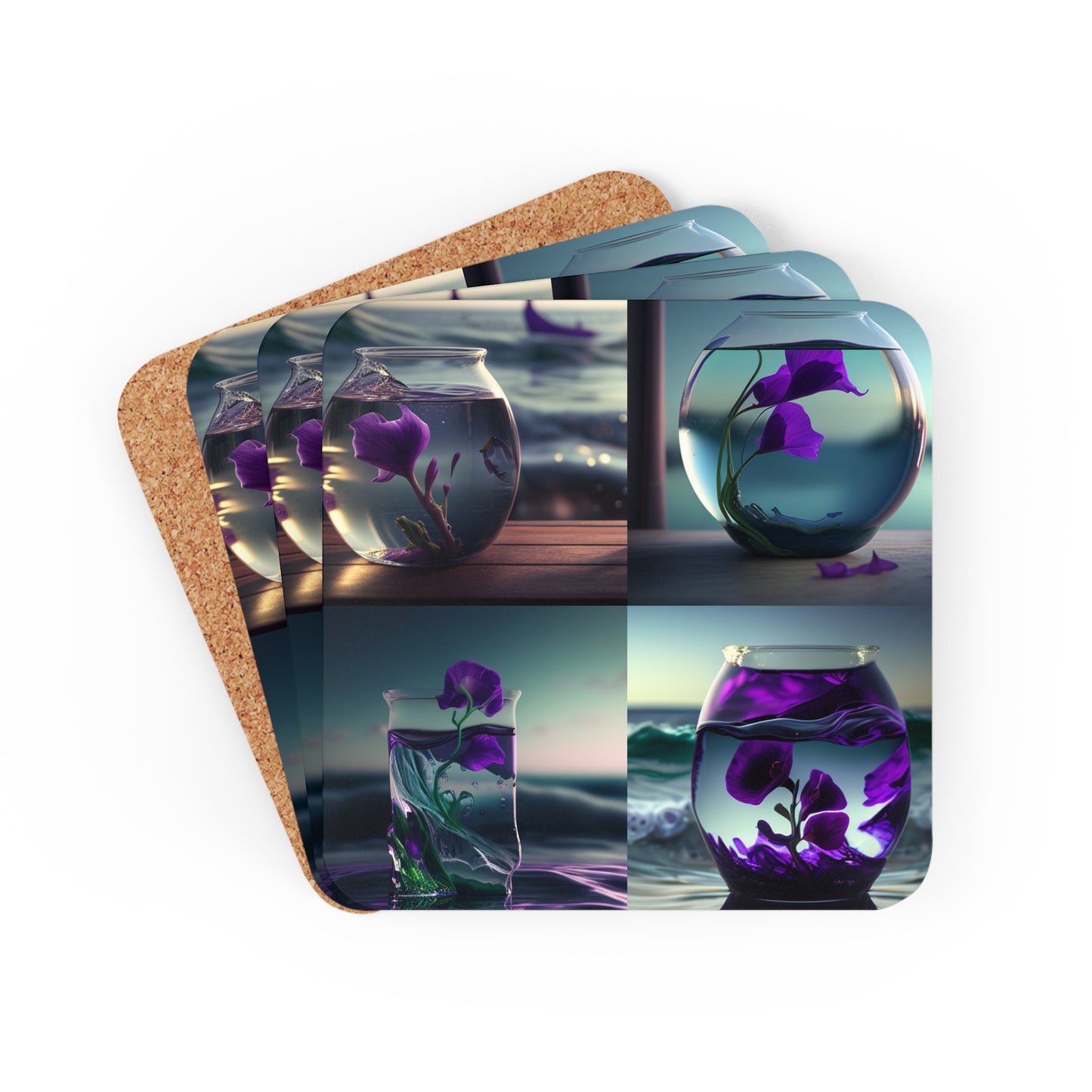 Corkwood Coaster Set Purple Sweet pea in a vase 5