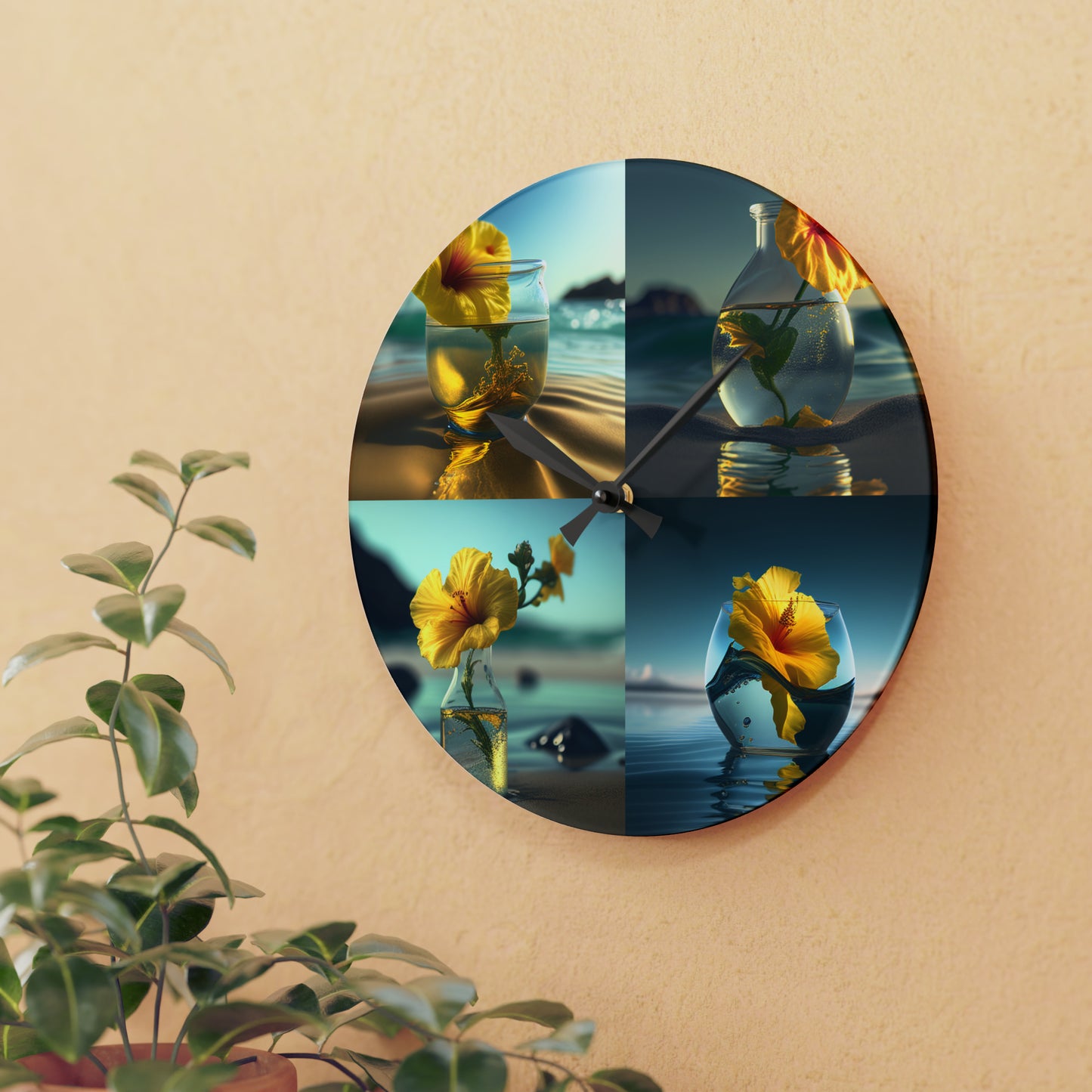 Acrylic Wall Clock Yellow Hibiscus glass 5