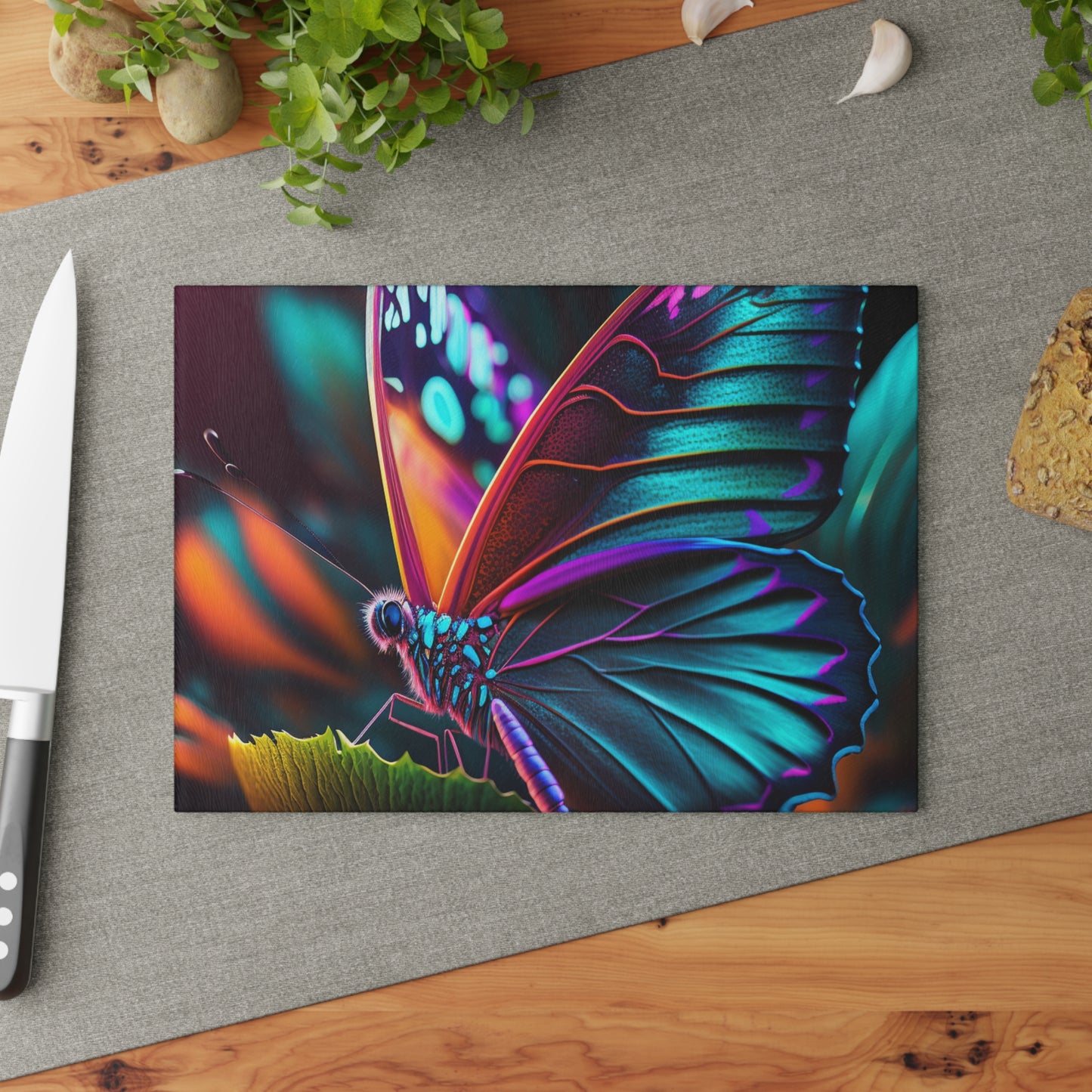 Glass Cutting Board Neon Butterfly Macro 1