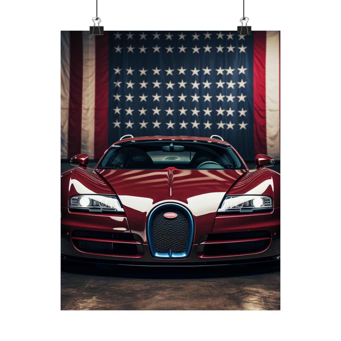 Premium Matte Vertical Posters American Flag Background Bugatti 1