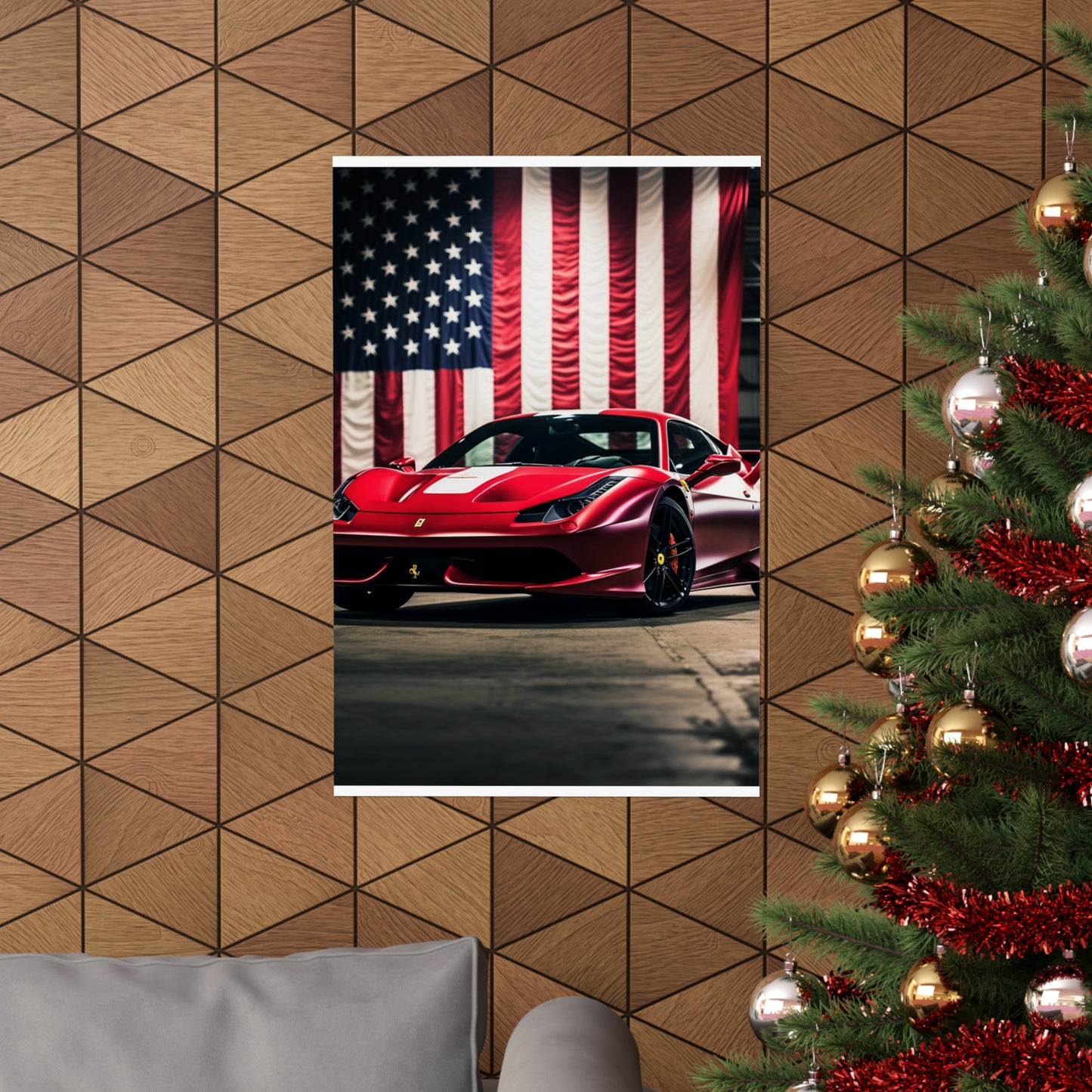 Premium Matte Vertical Posters American Flag Background Ferrari 3