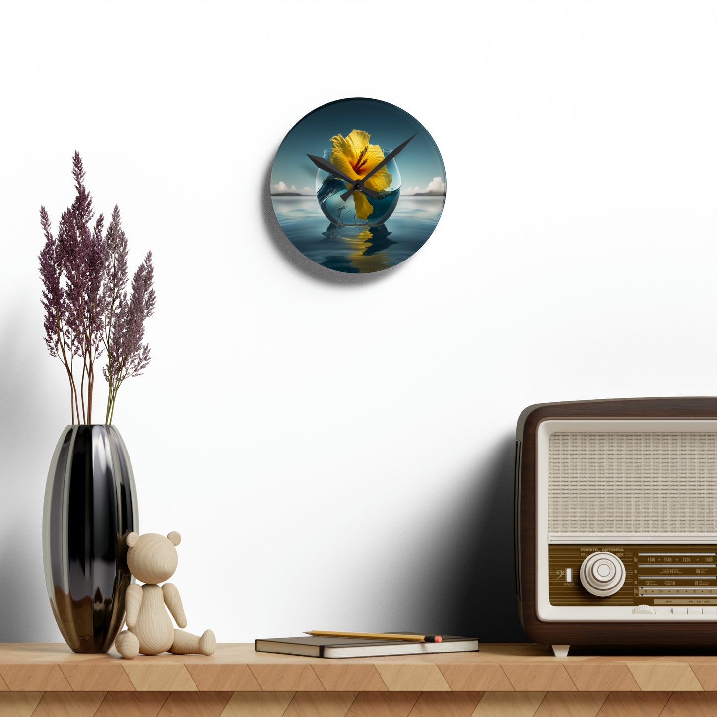 Acrylic Wall Clock Yellow Hibiscus glass 4