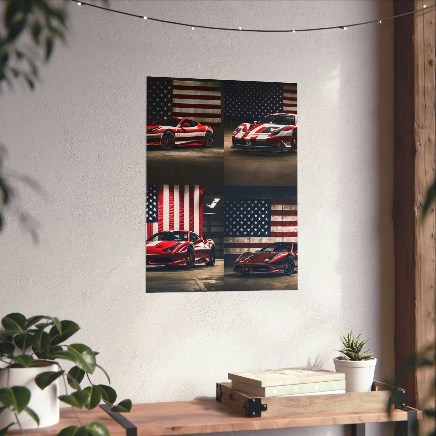 Premium Matte Vertical Posters American Flag Background Ferrari 5