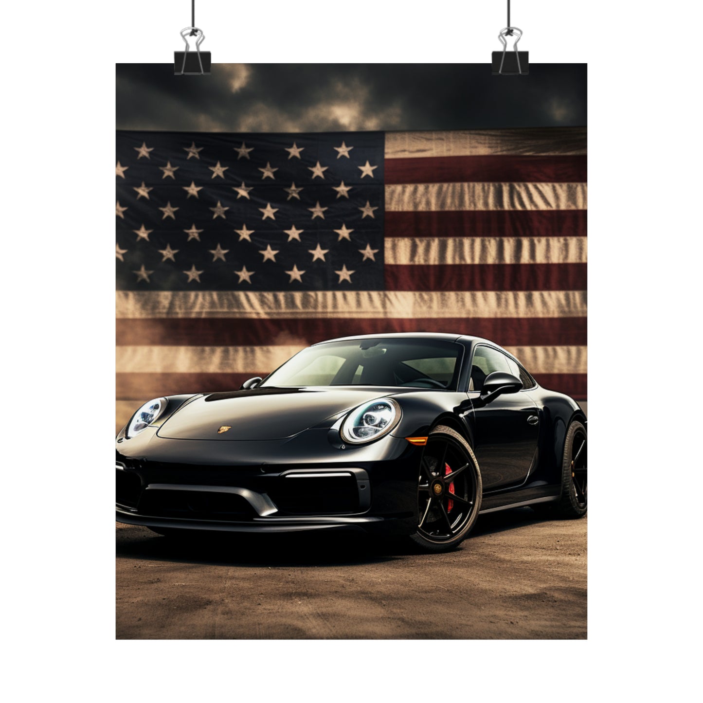 Premium Matte Vertical Posters American Flag Background Porsche 4