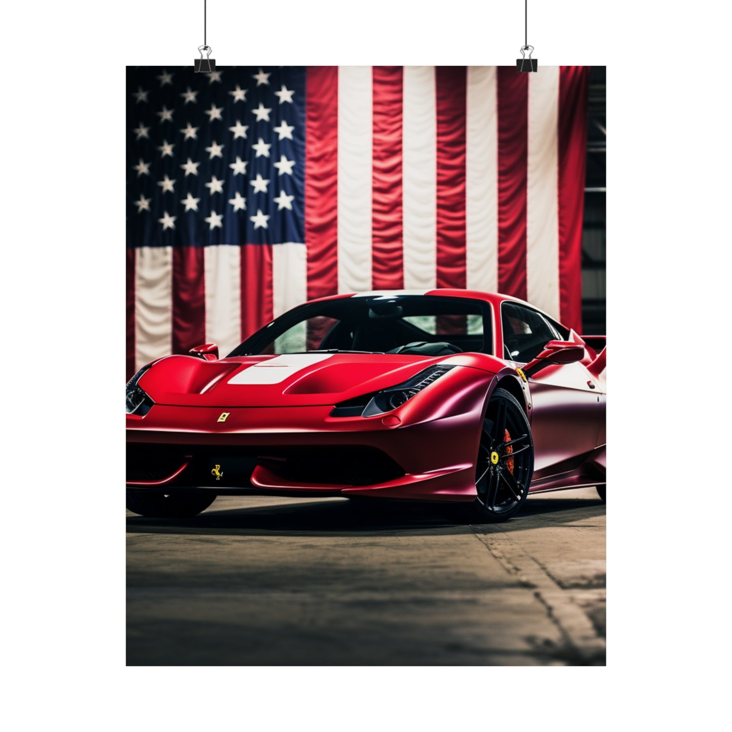 Premium Matte Vertical Posters American Flag Background Ferrari 3