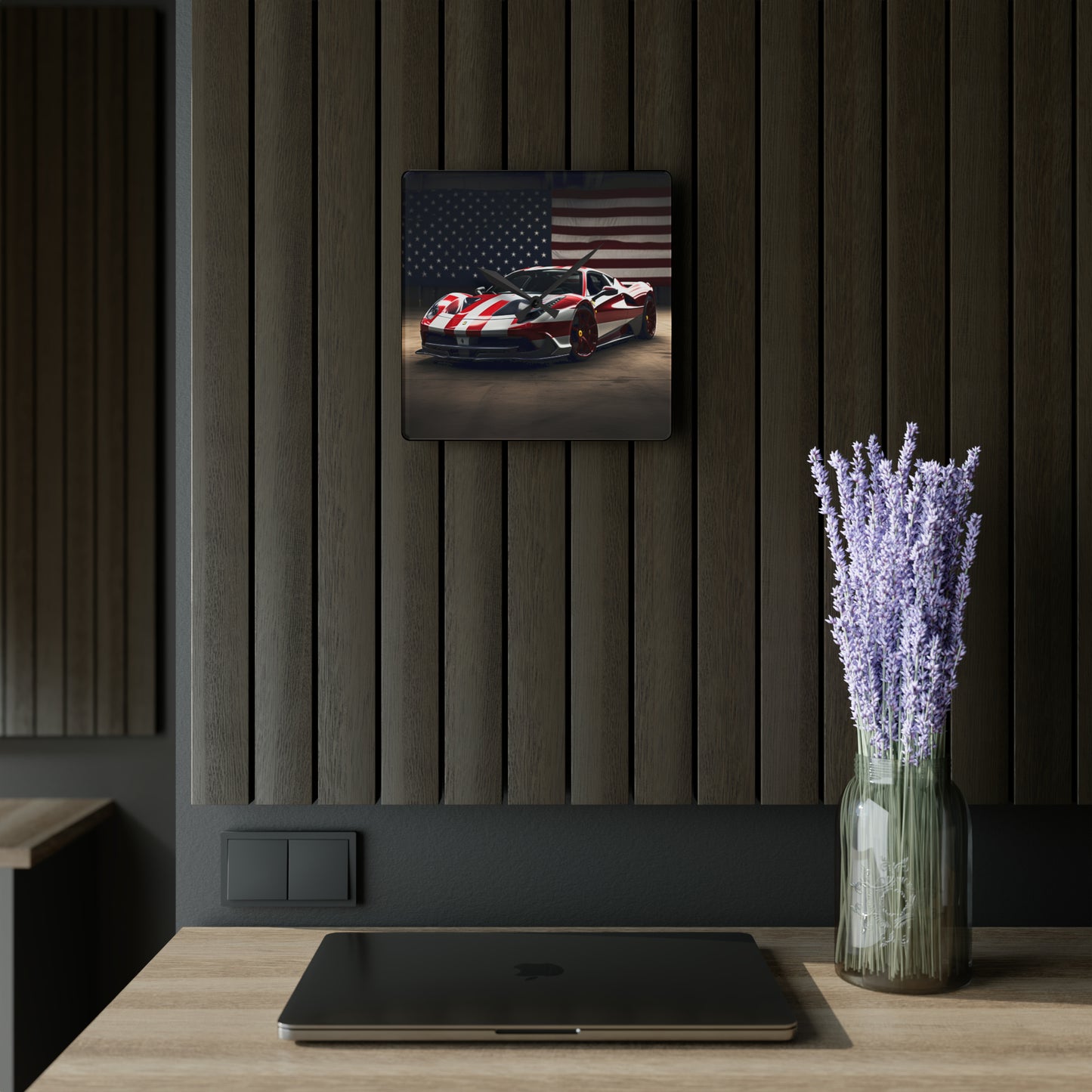 Acrylic Wall Clock American Flag Background Ferrari 2