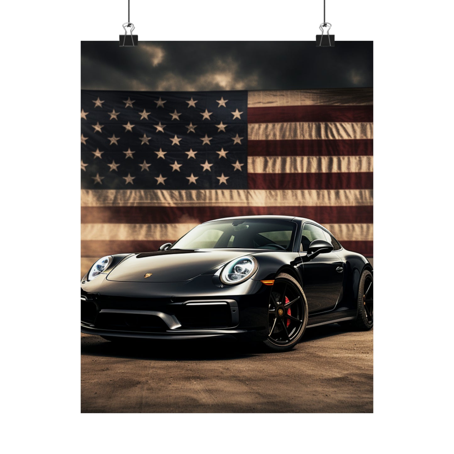 Premium Matte Vertical Posters American Flag Background Porsche 4